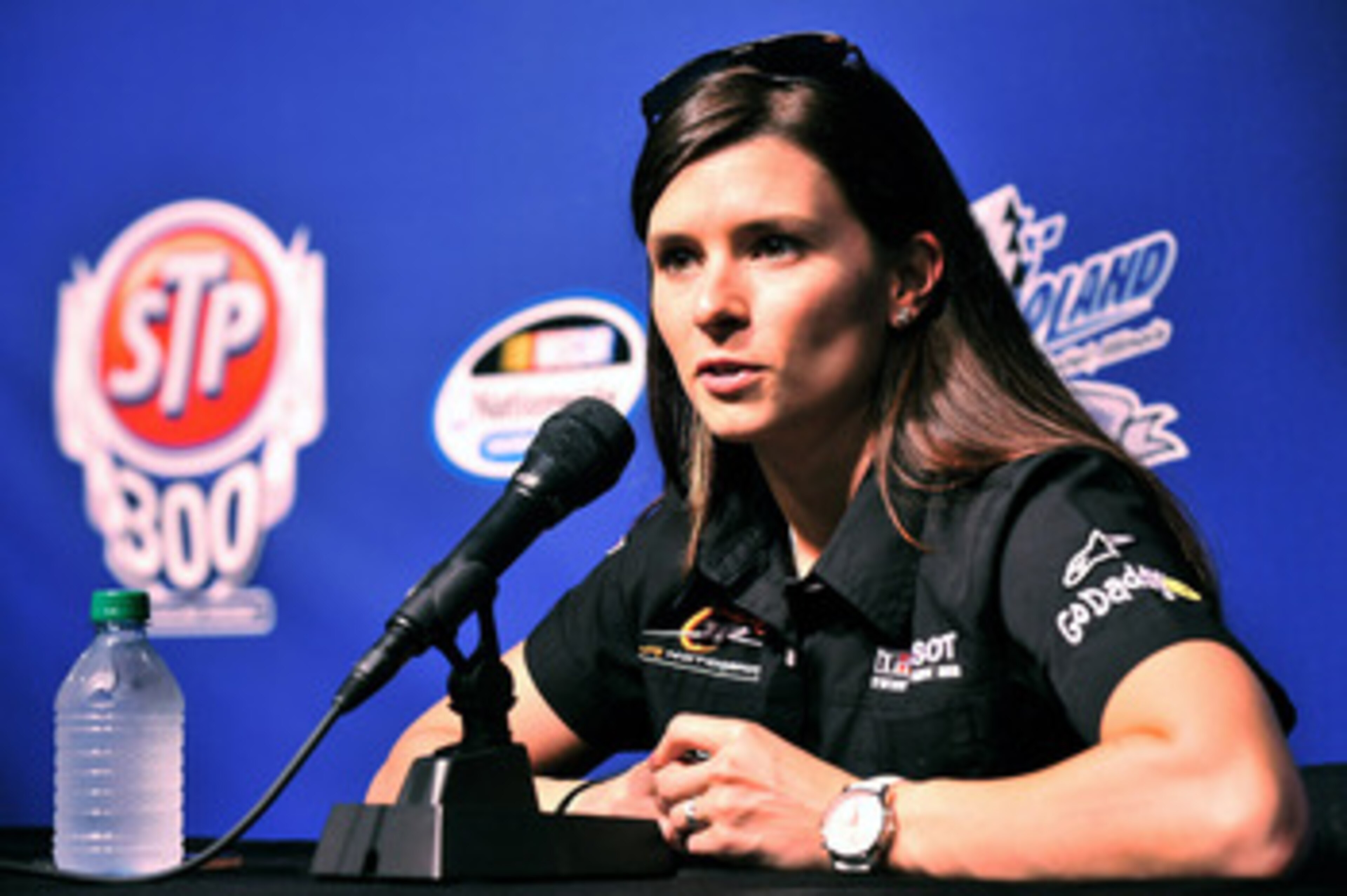 JOLIET, IL - JUNE 03:  Danica Patrick, driver of the #7 Tissot/GoDaddy.com Chevrolet, speaks with the media prior to practice for the NASCAR Nationwide Series STP 300 at Chicagoland Speedway on June 3, 2011 in Joliet, Illinois.  (Photo by Jason Smith/Gett