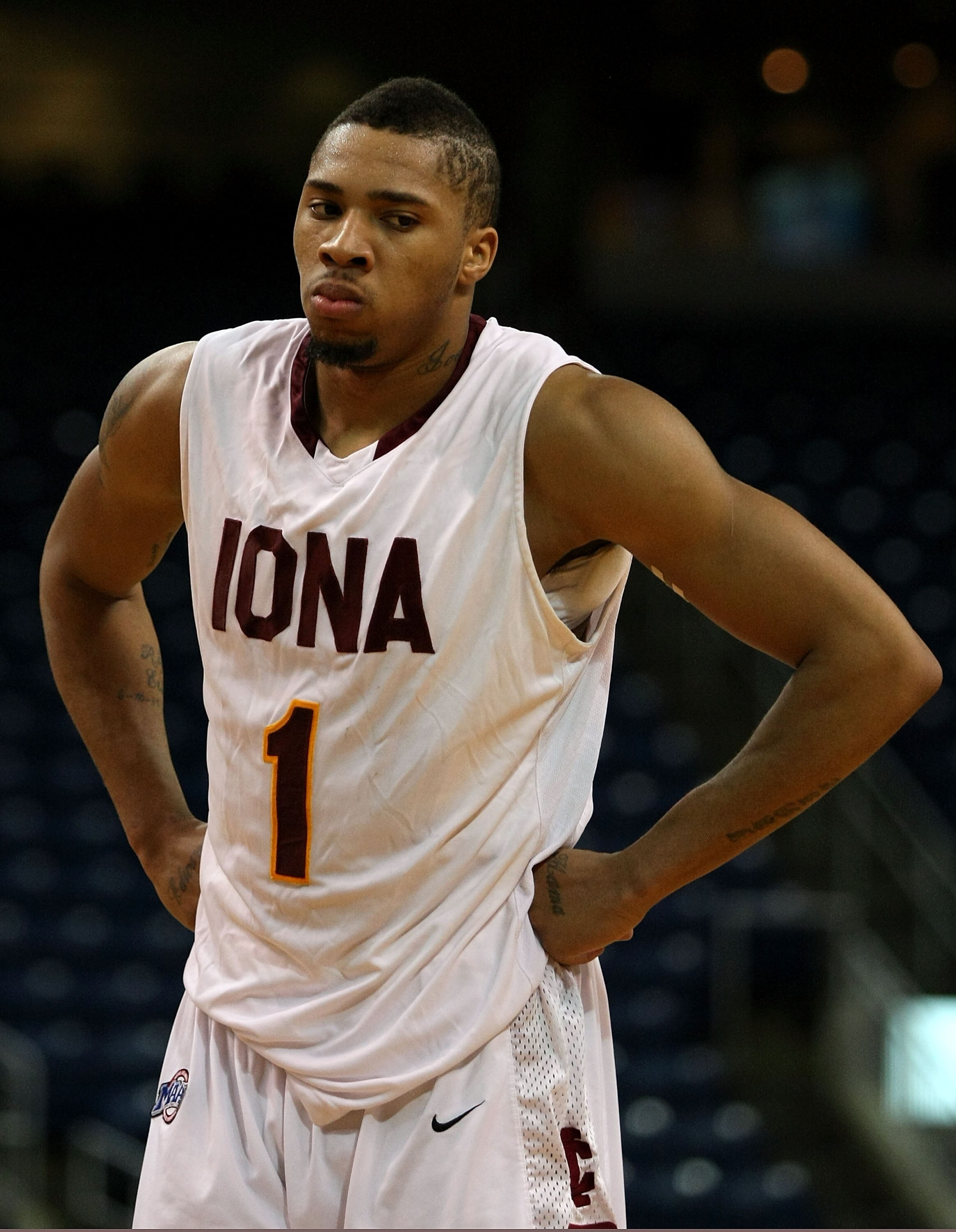 BRIDGEPORT, CT - MARCH 07:  Michael Glover #1 of the Iona Gaels looks on dejected late in the second half against the St. Peter's Peacocks during the final of the MAAC men's conference basketball tournment at Webster Bank Arena at Harbor Yard on March 7,