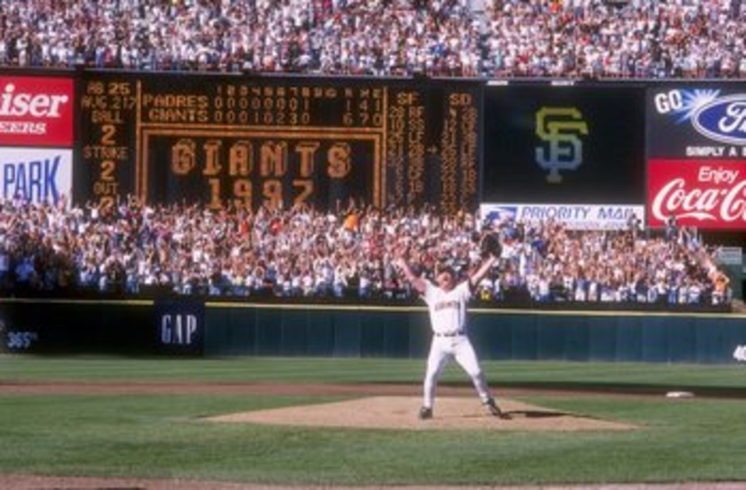 27 Sep 1997:  Closer Rod Beck of the San Francisco Giants celebrates on the mound after the Giants 6-1 victory over the San Diego Padres at 3Com Park in San Francisco, California.  The victory clinched the National League West title for the Giants and sen