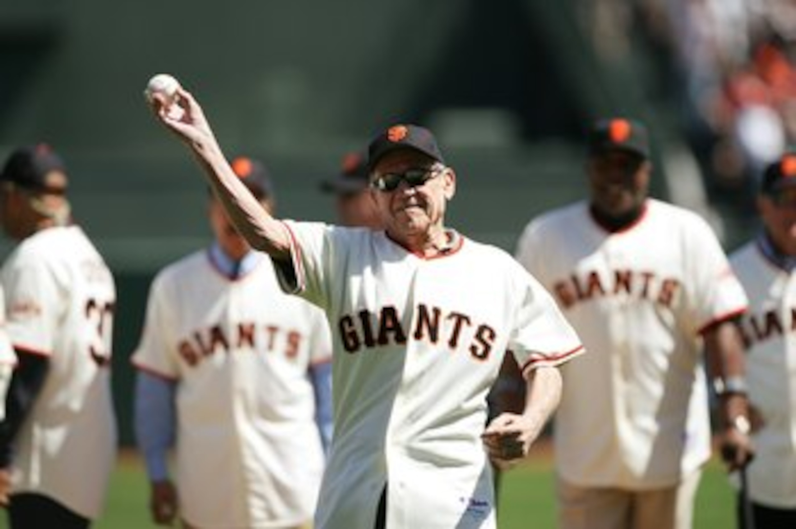 SAN FRANCISCO - APRIL 3:  Former San Francisco Giants player Stu Miller throws out the ceremonial opening pitch before the Opening Day game against the San Diego Padres on April 3, 2007 at AT&T Park in San Francisco, California. The Padres won 7-0. (Photo