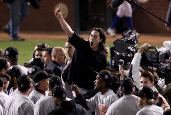 ARLINGTON, TX - NOVEMBER 01:  Pitcher Tim Lincecum #55 of the San Francisco Giants and teammates celebrate defeating the Texas Rangers 3-1 to win the 2010 MLB World Series at Rangers Ballpark in Arlington on November 1, 2010 in Arlington, Texas.  (Photo b