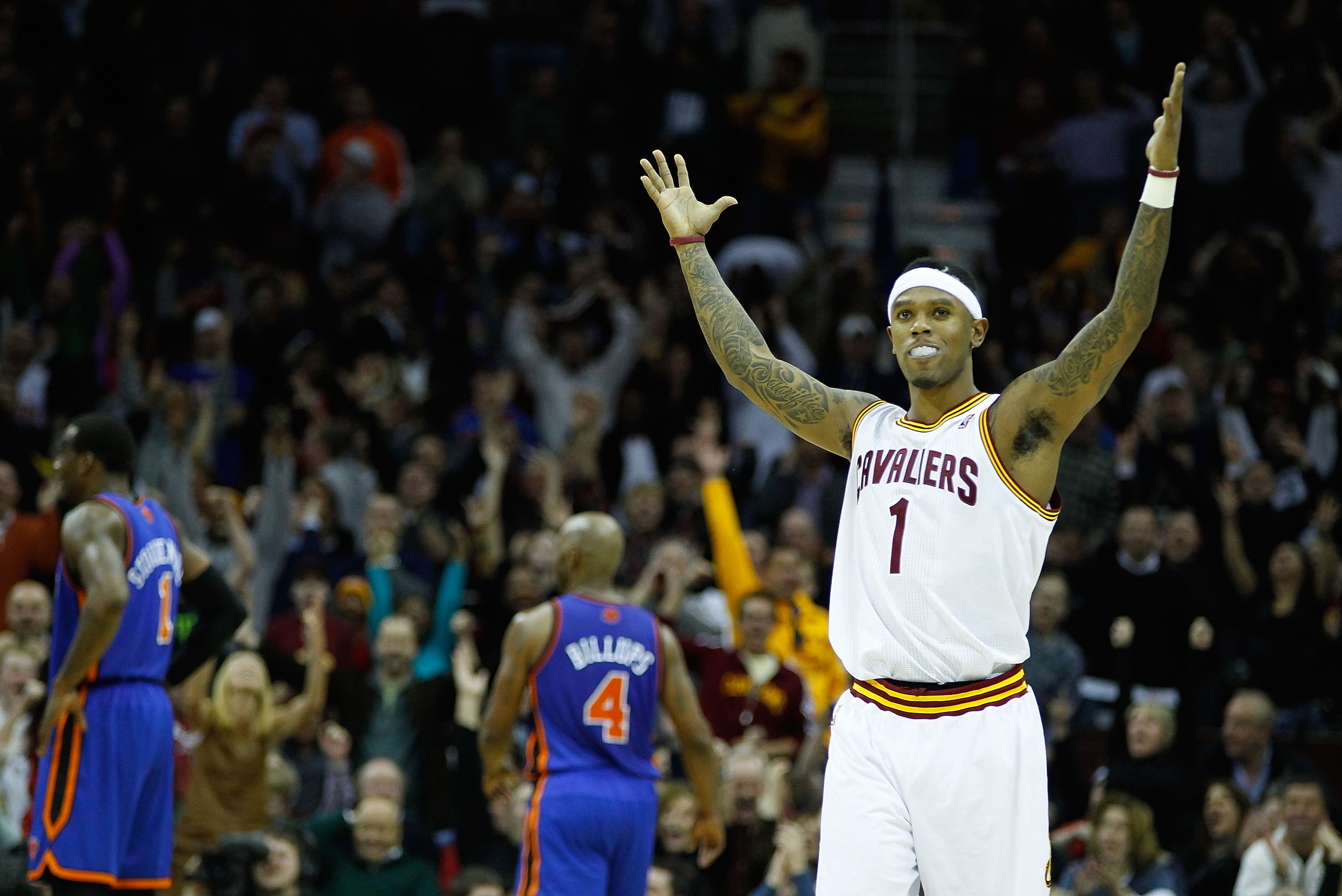 CLEVELAND - FEBRUARY 25: Daniel Gibson #1 of the Cleveland Cavaliers celebrates after scoring a three point shot during the game against the New York Knicks on February 25, 2011 at Quicken Loans Arena in Cleveland, Ohio. NOTE TO USER: User expressly ackn CLEVELAND - FEBRUARY 25: Daniel Gibson #1 of the Cleveland Cavaliers celebrates after scoring a three point shot during the game against the New York Knicks on February 25, 2011 at Quicken Loans Arena in Cleveland, Ohio. NOTE TO USER: User expressly ackn