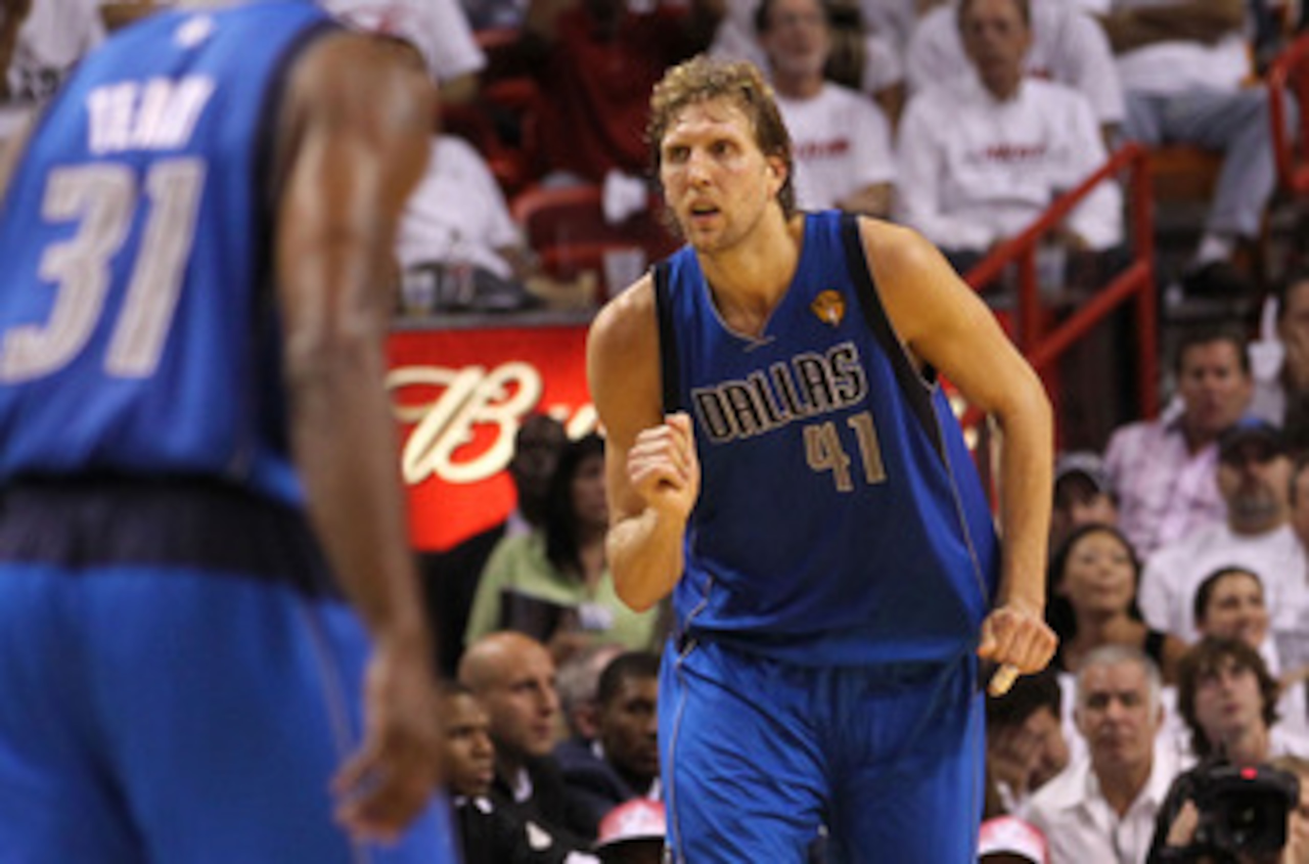 MIAMI, FL - JUNE 02:  Dirk Nowitzki #41 of the Dallas Mavericks reacts against the Miami Heat in Game Two of the 2011 NBA Finals at American Airlines Arena on June 2, 2011 in Miami, Florida. THe Mavericks won 95-93. NOTE TO USER: User expressly acknowledg