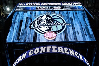 DALLAS, TX - MAY 25:  The scoreboard displays the Dallas Mavericks as the Western Conference Champions as the Mavericks defeated the Oklahoma City Thunder 100-96 in Game Five of the Western Conference Finals during the 2011 NBA Playoffs at American Airlin