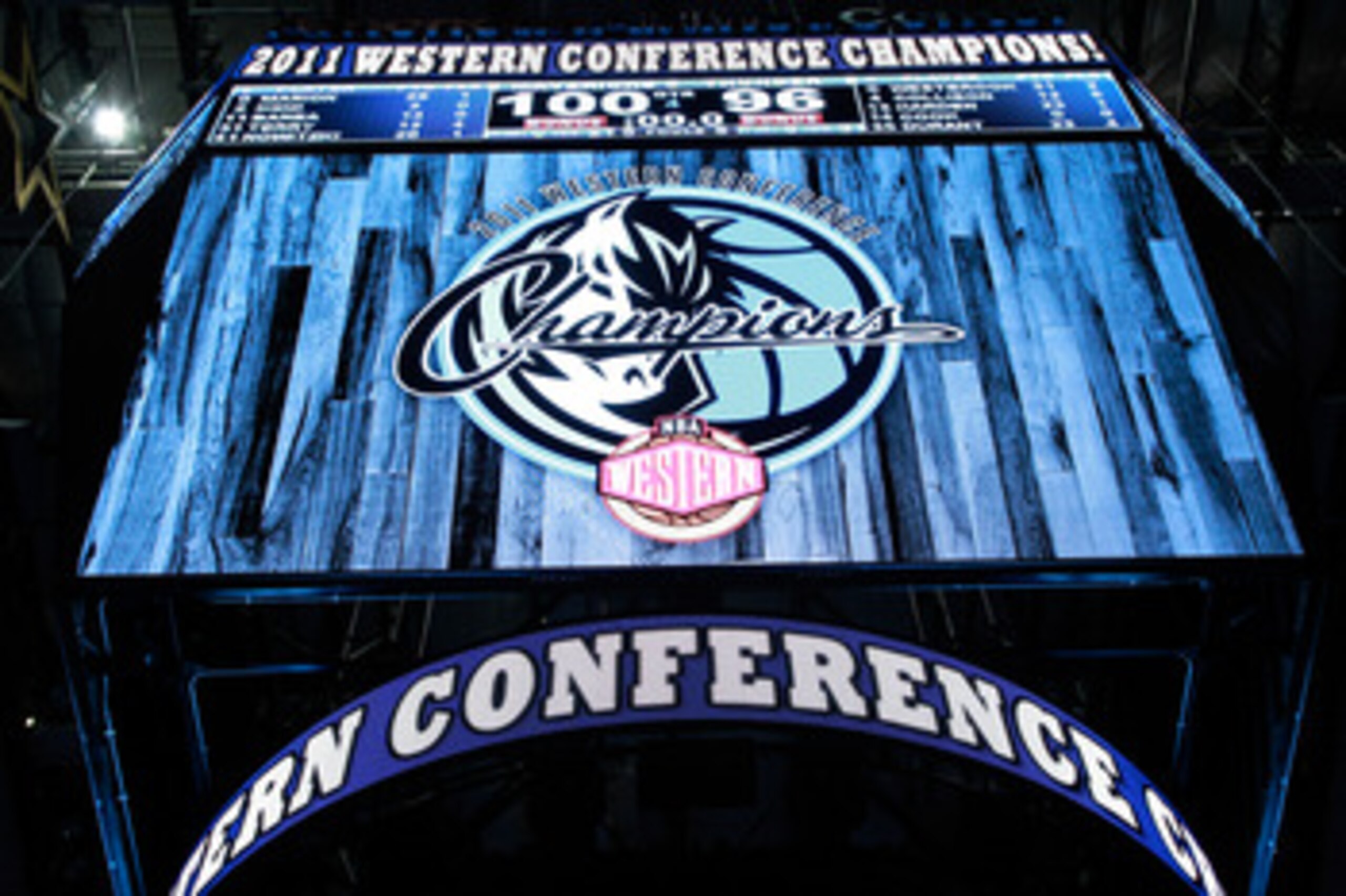 DALLAS, TX - MAY 25:  The scoreboard displays the Dallas Mavericks as the Western Conference Champions as the Mavericks defeated the Oklahoma City Thunder 100-96 in Game Five of the Western Conference Finals during the 2011 NBA Playoffs at American Airlin