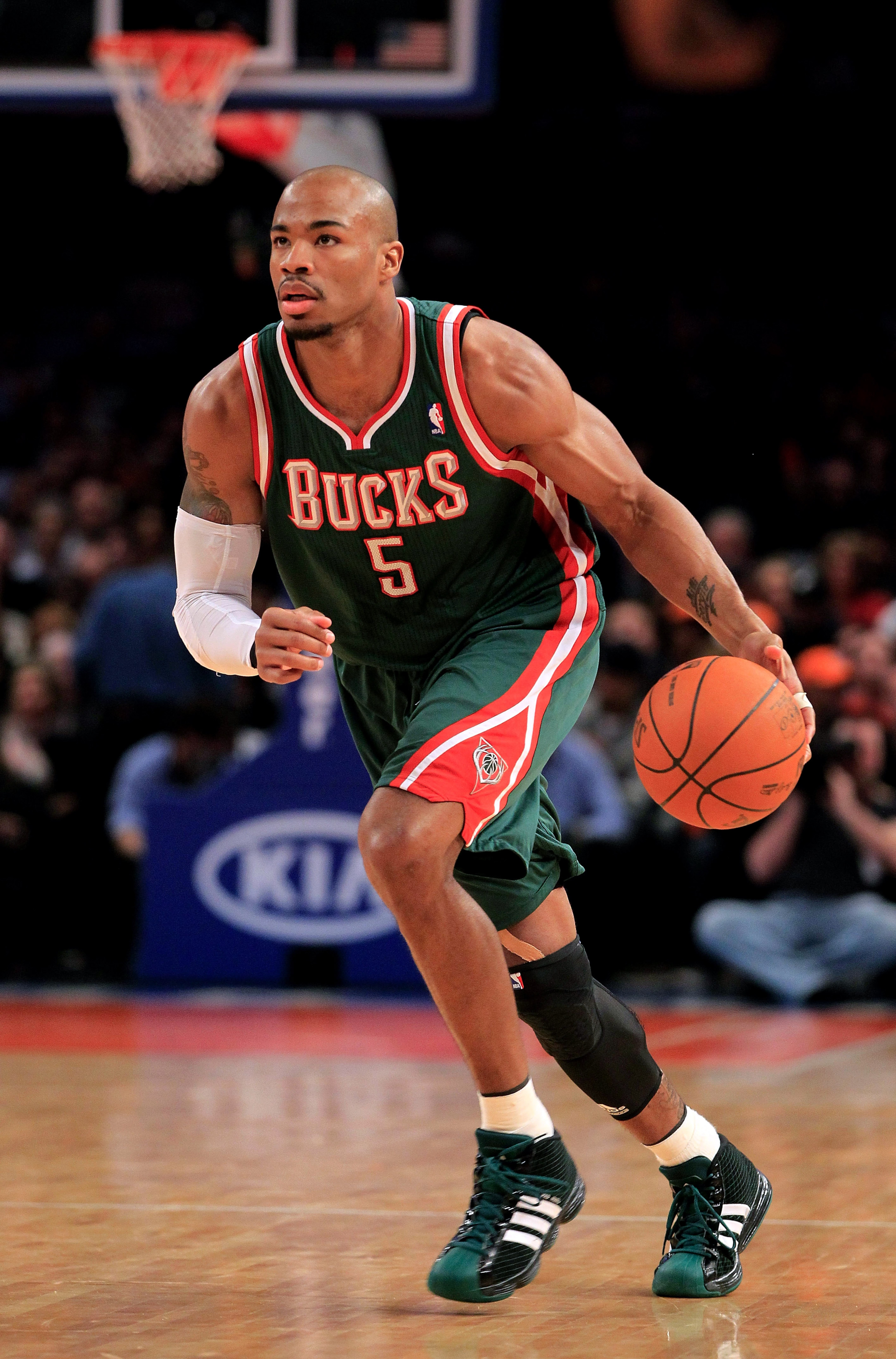 NEW YORK, NY - FEBRUARY 23: Corey Maggette #5 of the Milwaukee Bucks dribbles the ball against the New York Knicks at Madison Square Garden on February 23, 2011 in New York City. NOTE TO USER: User expressly acknowledges and agrees that, by downloading an