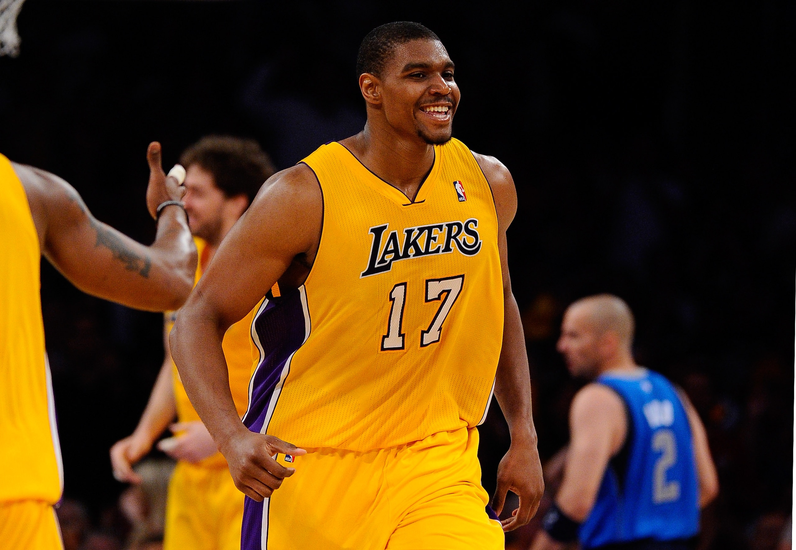 LOS ANGELES, CA - MAY 04: Andrew Bynum #17 of the Los Angeles Lakers reacts in the first half while taking on the Dallas Mavericks in Game Two of the Western Conference Semifinals in the 2011 NBA Playoffs at Staples Center on May 4, 2011 in Los Angeles, LOS ANGELES, CA - MAY 04: Andrew Bynum #17 of the Los Angeles Lakers reacts in the first half while taking on the Dallas Mavericks in Game Two of the Western Conference Semifinals in the 2011 NBA Playoffs at Staples Center on May 4, 2011 in Los Angeles,