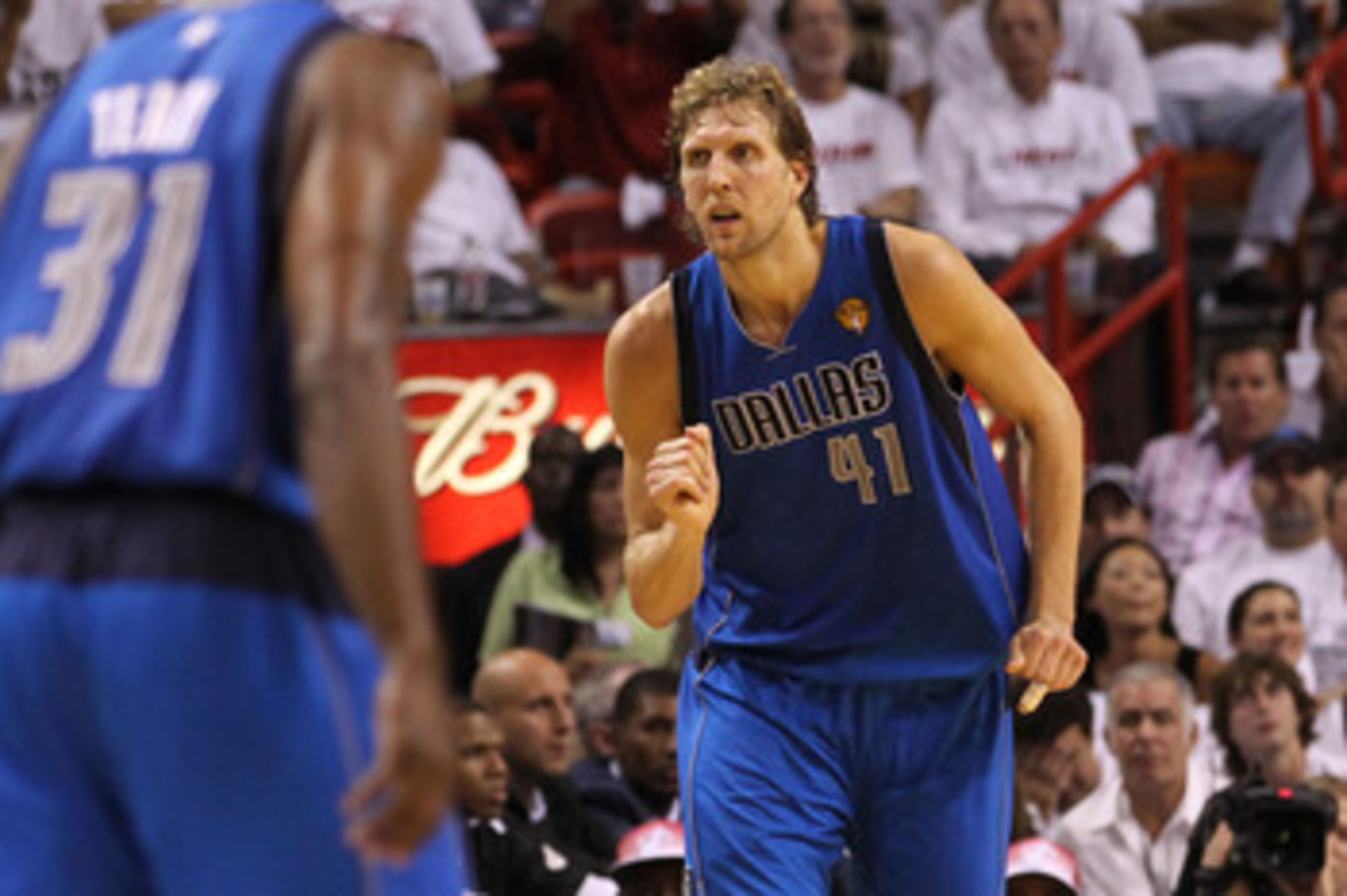 MIAMI, FL - JUNE 02:  Dirk Nowitzki #41 of the Dallas Mavericks reacts against the Miami Heat in Game Two of the 2011 NBA Finals at American Airlines Arena on June 2, 2011 in Miami, Florida. THe Mavericks won 95-93. NOTE TO USER: User expressly acknowledg