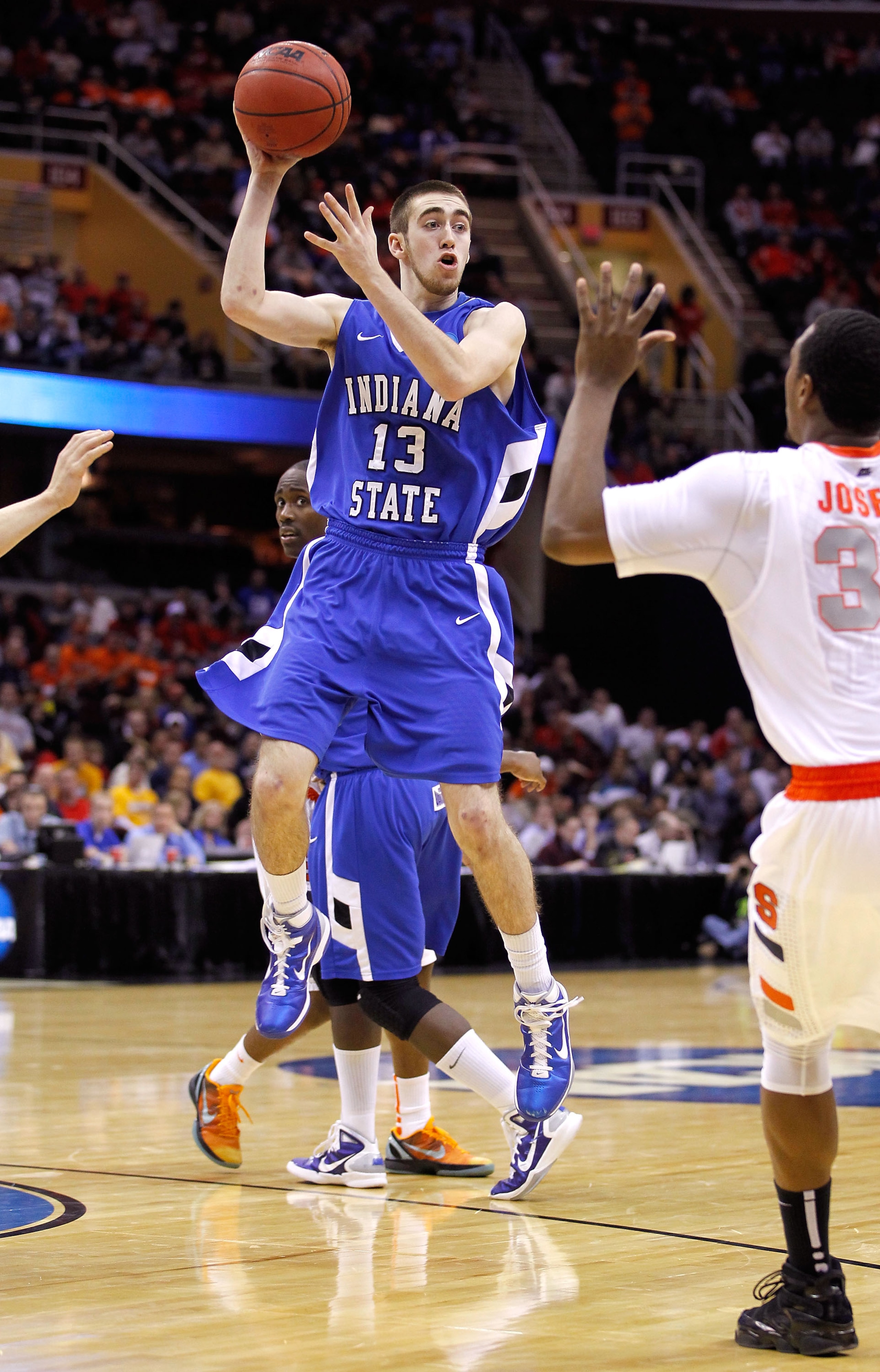 CLEVELAND, OH - MARCH 18:  Jake Odum #13 of the Indiana State Sycamores looks to pass against the Syracuse Orange during the second round of the 2011 NCAA men's basketball tournament at Quicken Loans Arena on March 18, 2011 in Cleveland, Ohio.  (Photo by