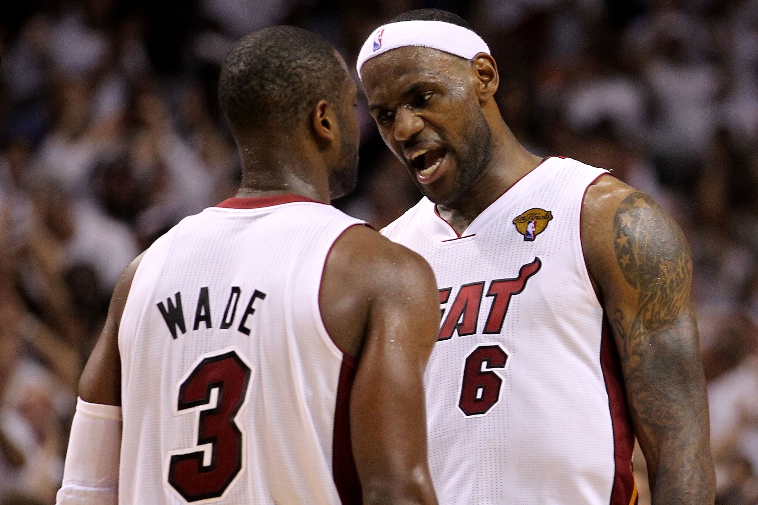 MIAMI, FL - JUNE 02: Dwyane Wade #3 and LeBron James #6 of the Miami Heat react in the fourth quarter while taking on the Dallas Mavericks in Game Two of the 2011 NBA Finals at American Airlines Arena on June 2, 2011 in Miami, Florida. NOTE TO USER: User MIAMI, FL - JUNE 02: Dwyane Wade #3 and LeBron James #6 of the Miami Heat react in the fourth quarter while taking on the Dallas Mavericks in Game Two of the 2011 NBA Finals at American Airlines Arena on June 2, 2011 in Miami, Florida. NOTE TO USER: User