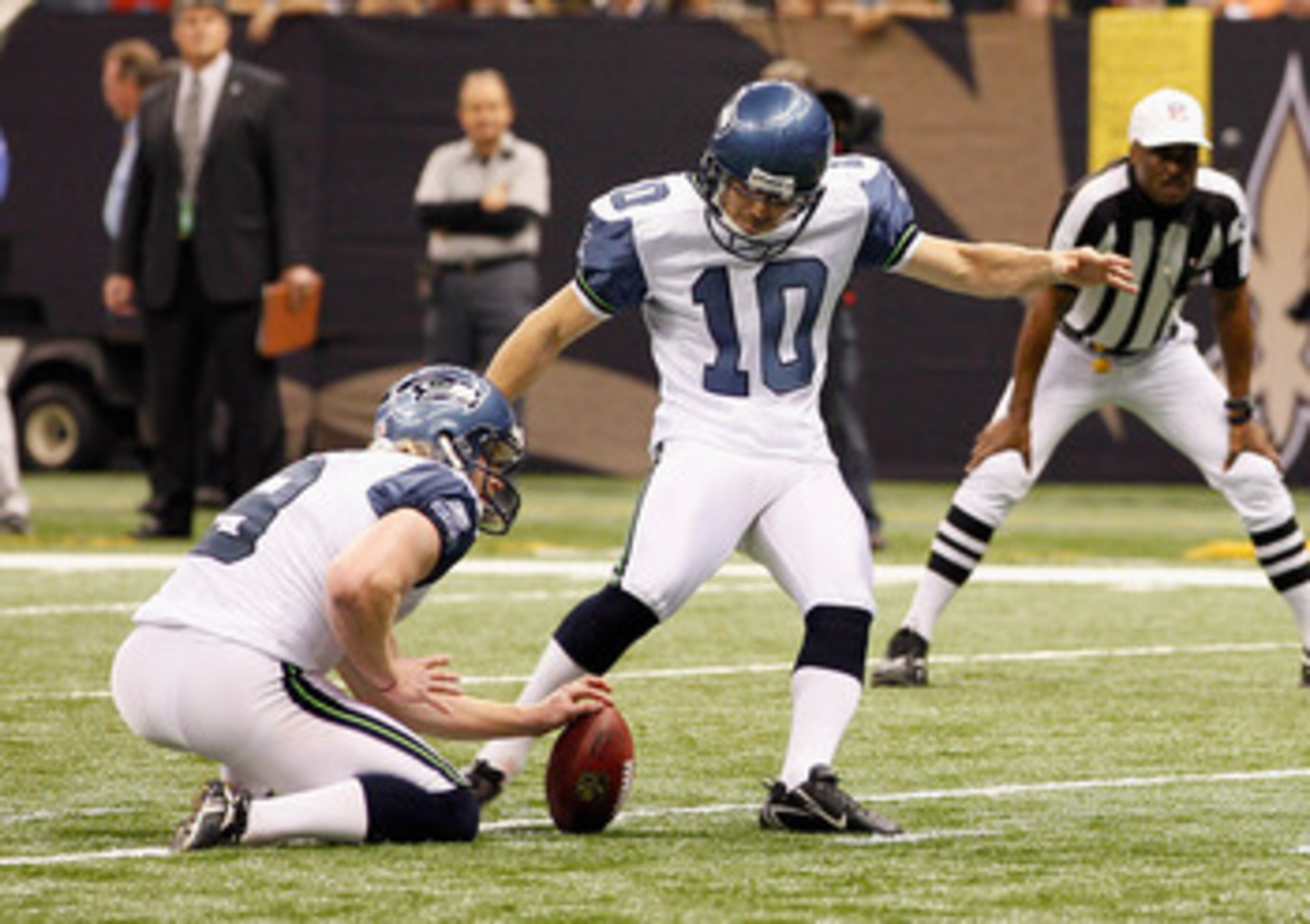 NEW ORLEANS - NOVEMBER 21:  Olindo Mare #10 and Jon Ryan #9 of the Seattle Seahawks against the New Orleans Saints at Louisiana Superdome on November 21, 2010 in New Orleans, Louisiana.  (Photo by Kevin C. Cox/Getty Images)