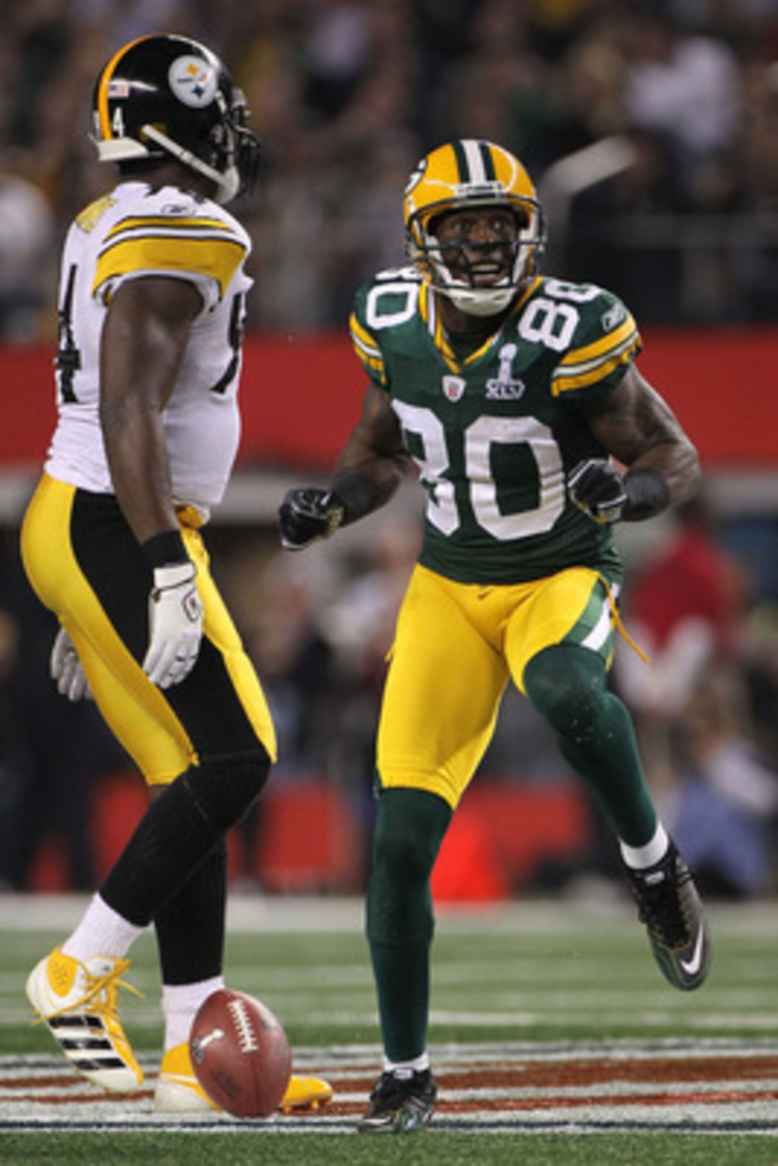 ARLINGTON, TX - FEBRUARY 06:  Donald Driver #80 of the Green Bay Packers reacts after catching a 24 yard pass against the Pittsburgh Steelers during the first quarter of Super Bowl XLV at Cowboys Stadium on February 6, 2011 in Arlington, Texas.  (Photo by
