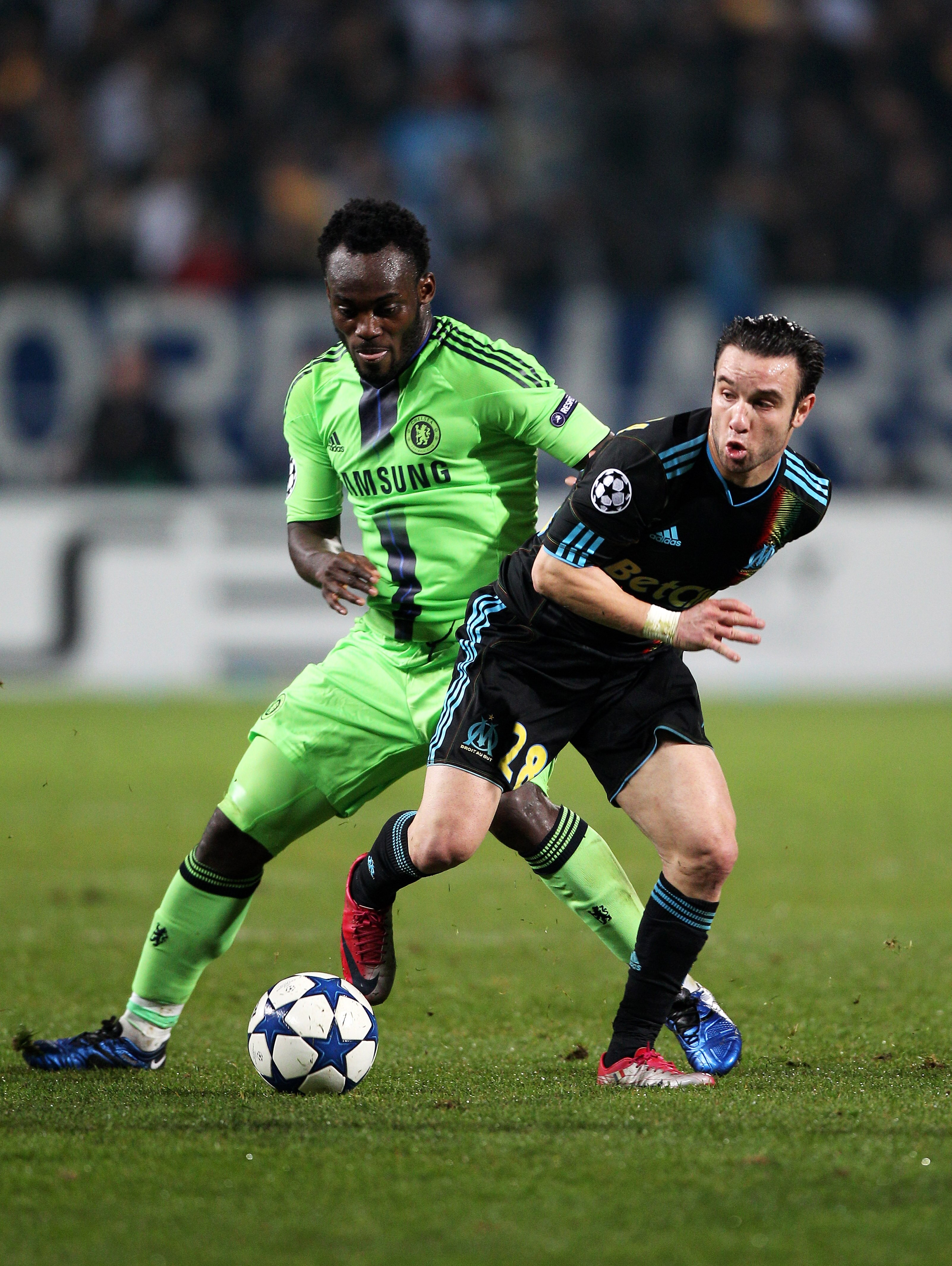 MARSEILLE, FRANCE - DECEMBER 08: Michael Essien of Chelsea and Mathieu Valbuena of Marseille compete for the ball during the UEFA Champions League Group F match between Marseille and Chelsea at the Stade Velodrome on December 8, 2010 in Marseille, France MARSEILLE, FRANCE - DECEMBER 08: Michael Essien of Chelsea and Mathieu Valbuena of Marseille compete for the ball during the UEFA Champions League Group F match between Marseille and Chelsea at the Stade Velodrome on December 8, 2010 in Marseille, France