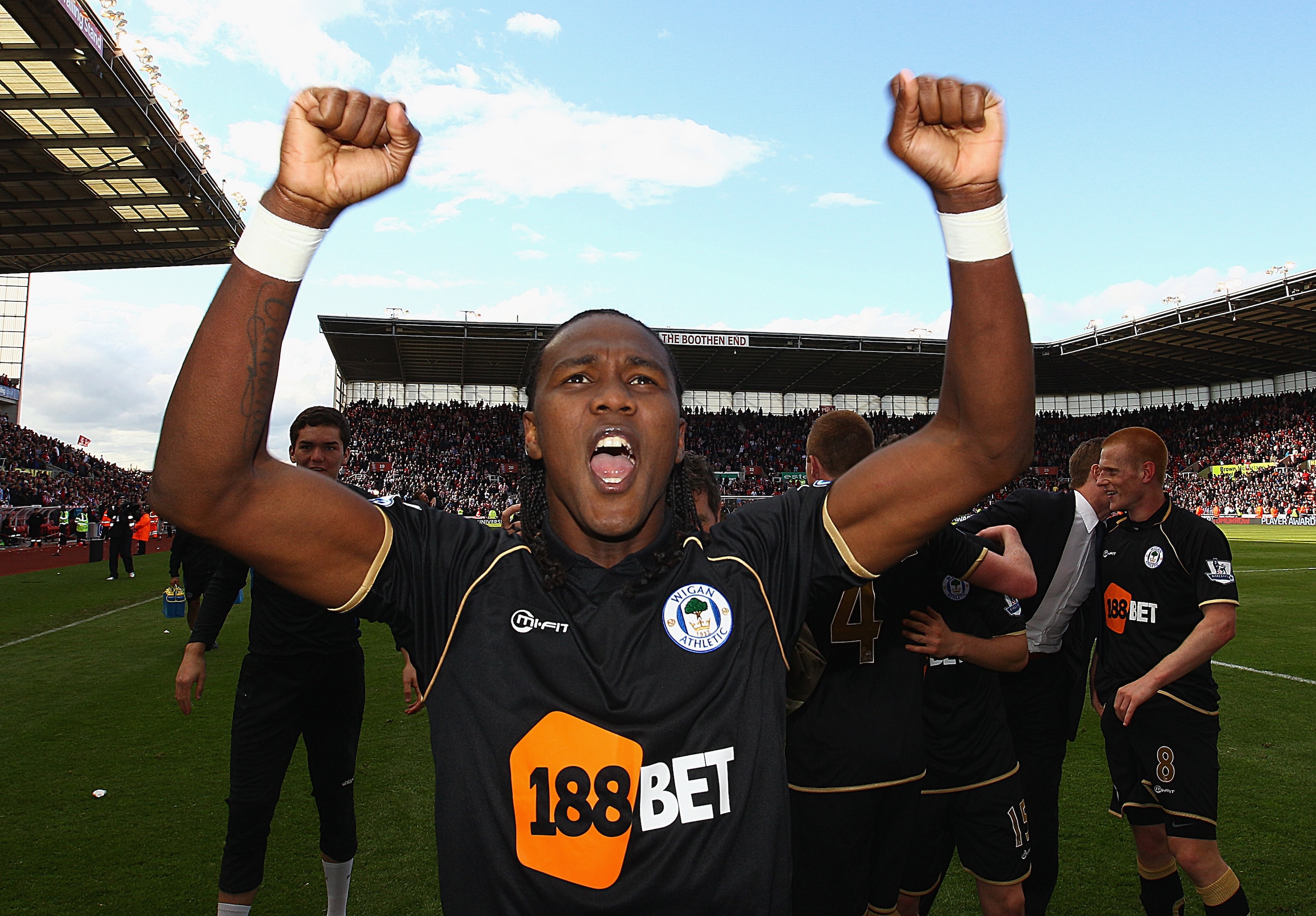 STOKE ON TRENT, ENGLAND - MAY 22:  Hugo Rodallega of Wigan celebrates staying up during the Barclays Premier League match between Stoke City and Wigan Athletic at Britannia Stadium on May 22, 2011 in Stoke on Trent, England.  (Photo by Richard Heathcote/G