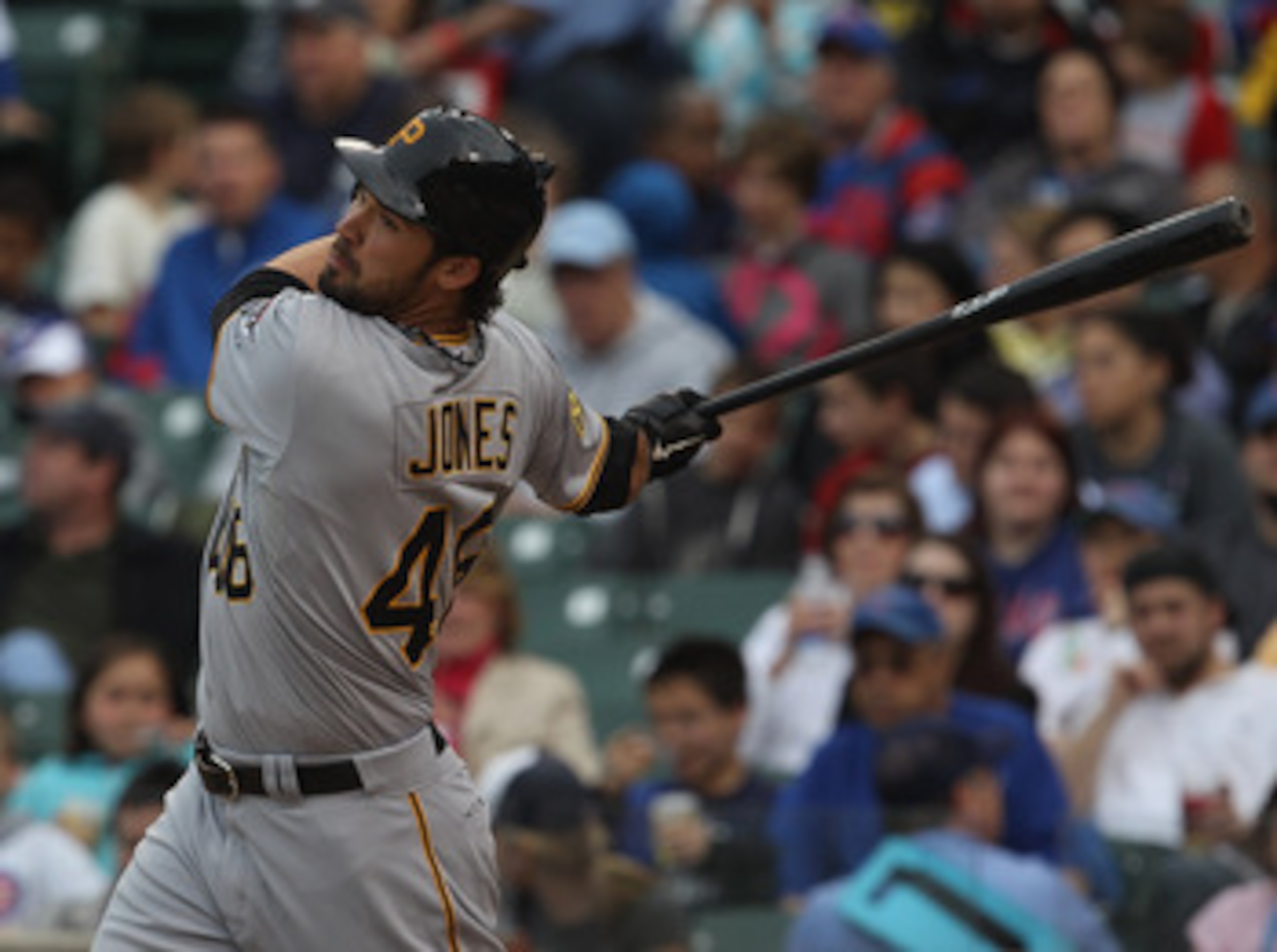 CHICAGO, IL - MAY 29: Garrett Jones #46 of the Pittsburgh Pirates takes a swing against the Chicago Cubs at Wrigley Field on May 29, 2011 in Chicago, Illinois. The Cubs defeated the Pirates 3-2. (Photo by Jonathan Daniel/Getty Images) CHICAGO, IL - MAY 29: Garrett Jones #46 of the Pittsburgh Pirates takes a swing against the Chicago Cubs at Wrigley Field on May 29, 2011 in Chicago, Illinois. The Cubs defeated the Pirates 3-2. (Photo by Jonathan Daniel/Getty Images)