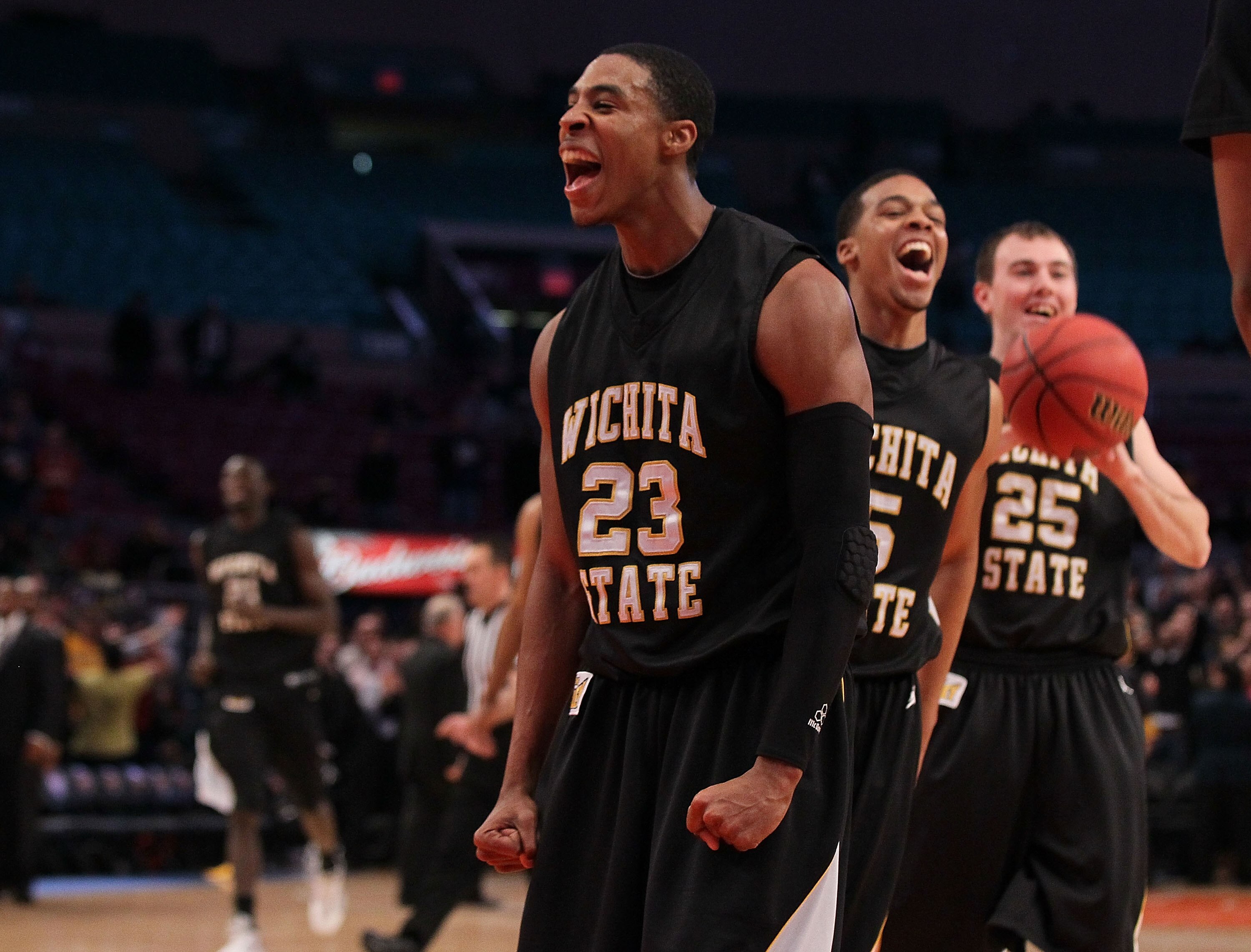 NEW YORK, NY - MARCH 31: Toure' Murry #23 of the Wichita State Shockers celebrates at the buzzer after defeating the Alabama Crimson Tide to win the 2011 NIT Championship game on March 31, 2011 at Madison Square Garden in New York City. Wichita State defe