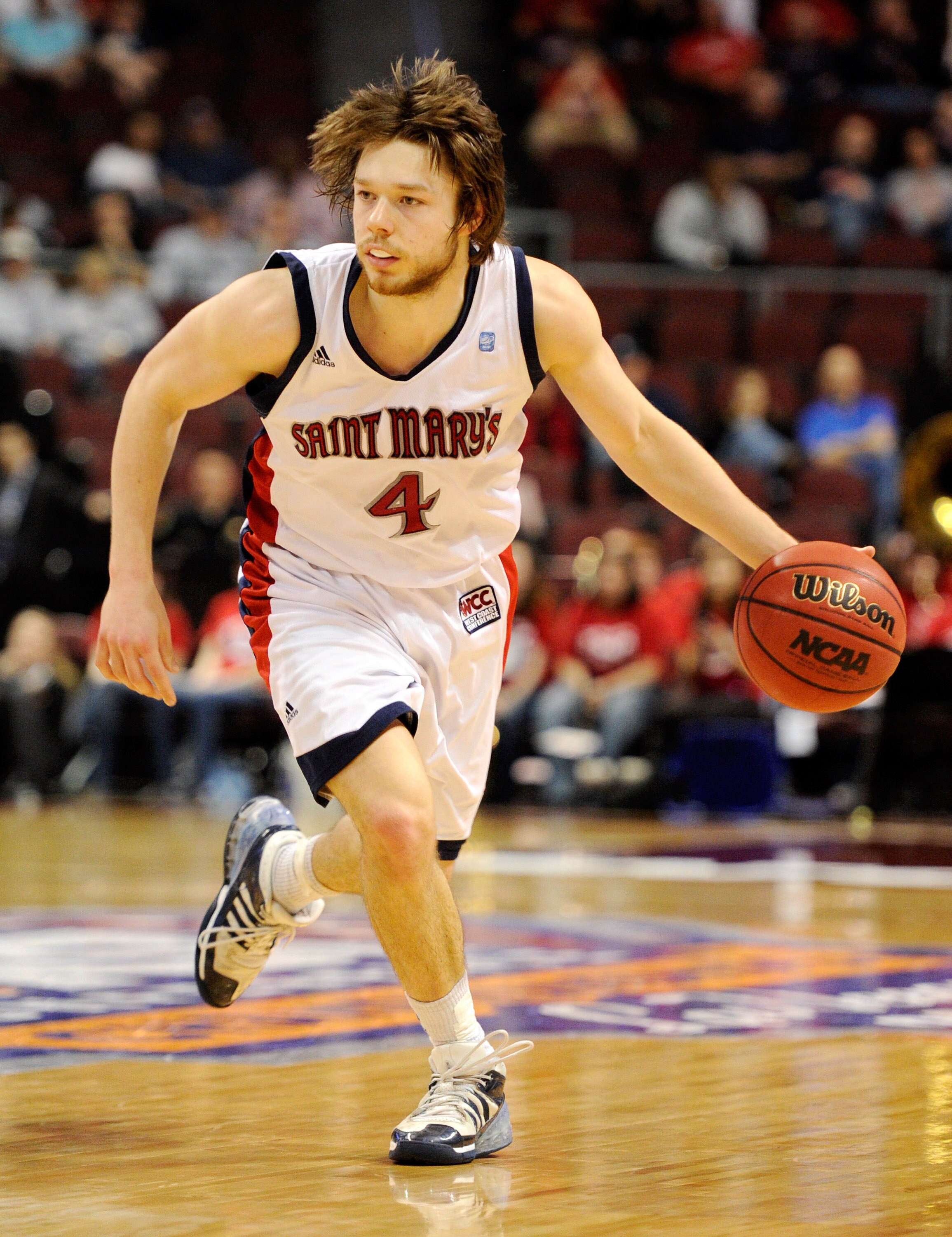 LAS VEGAS, NV - MARCH 06:  Matthew Dellavedova #4 of the Saint Mary's Gaels brings the ball up the court against the Santa Clara Broncos during a semifinal game of the Zappos.com West Coast Conference Basketball tournament at the Orleans Arena March 6, 20