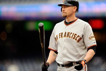 WASHINGTON, DC - MAY 01:  Aubrey Huff #17 of the San Francisco Giants walks back to the dugout after striking out against the Washington Nationals at Nationals Park on May 1, 2011 in Washington, DC.  (Photo by Greg Fiume/Getty Images)
