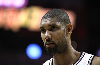 SAN ANTONIO, TX - APRIL 27:  Tim Duncan #21 of the San Antionio Spurs looks on against the Memphis Grizzlies in Game Five of the Western Conference Quarterfinals in the 2011 NBA Playoffs on April 27, 2011 at AT&T Center in San Antonio, Texas. NOTE TO USER