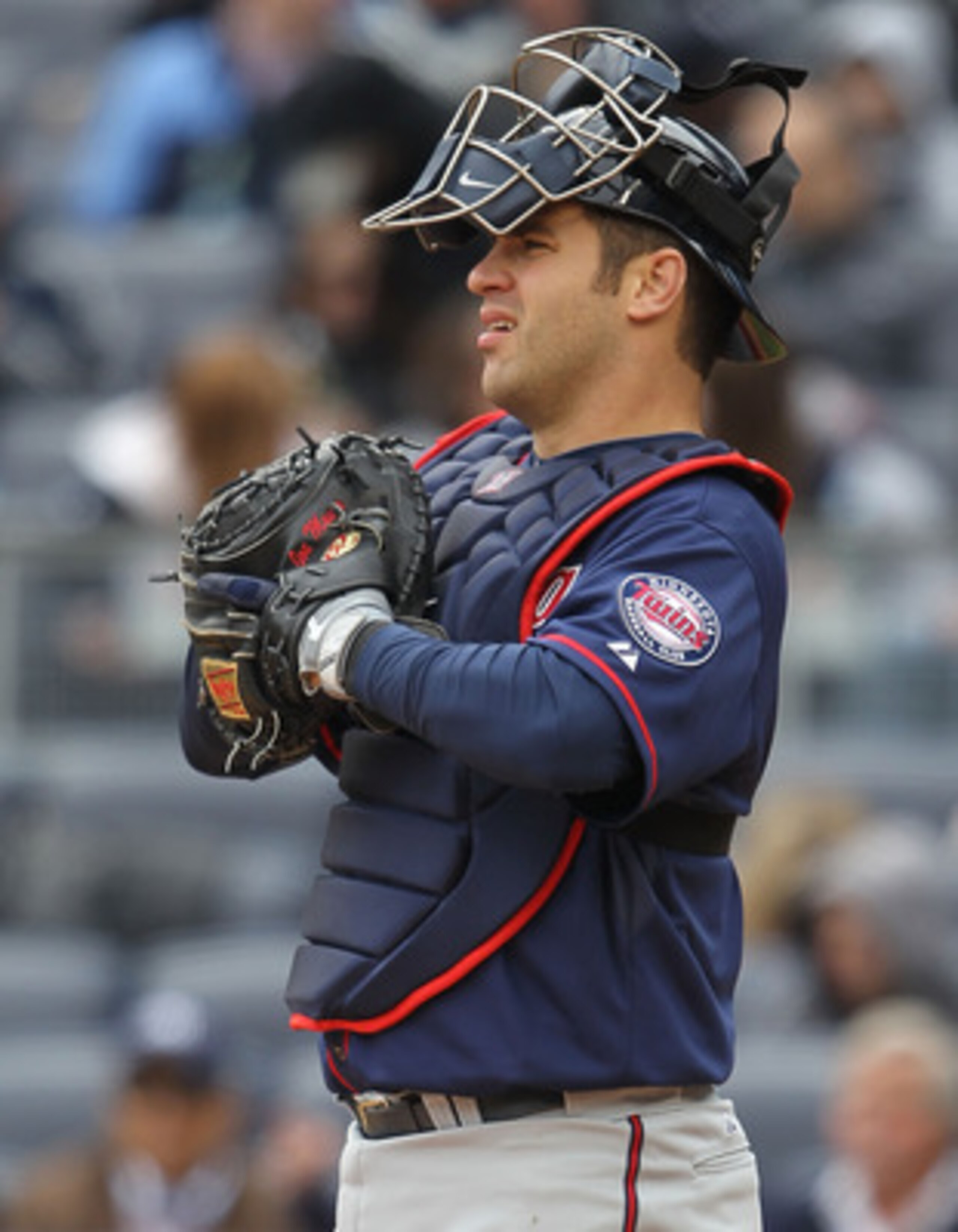 NEW YORK, NY - APRIL 07:  Joe Mauer #7 of the Minnesota Twins against New York Yankees at Yankee Stadium on April 7, 2011 in the Bronx borough of New York City.  (Photo by Nick Laham/Getty Images)