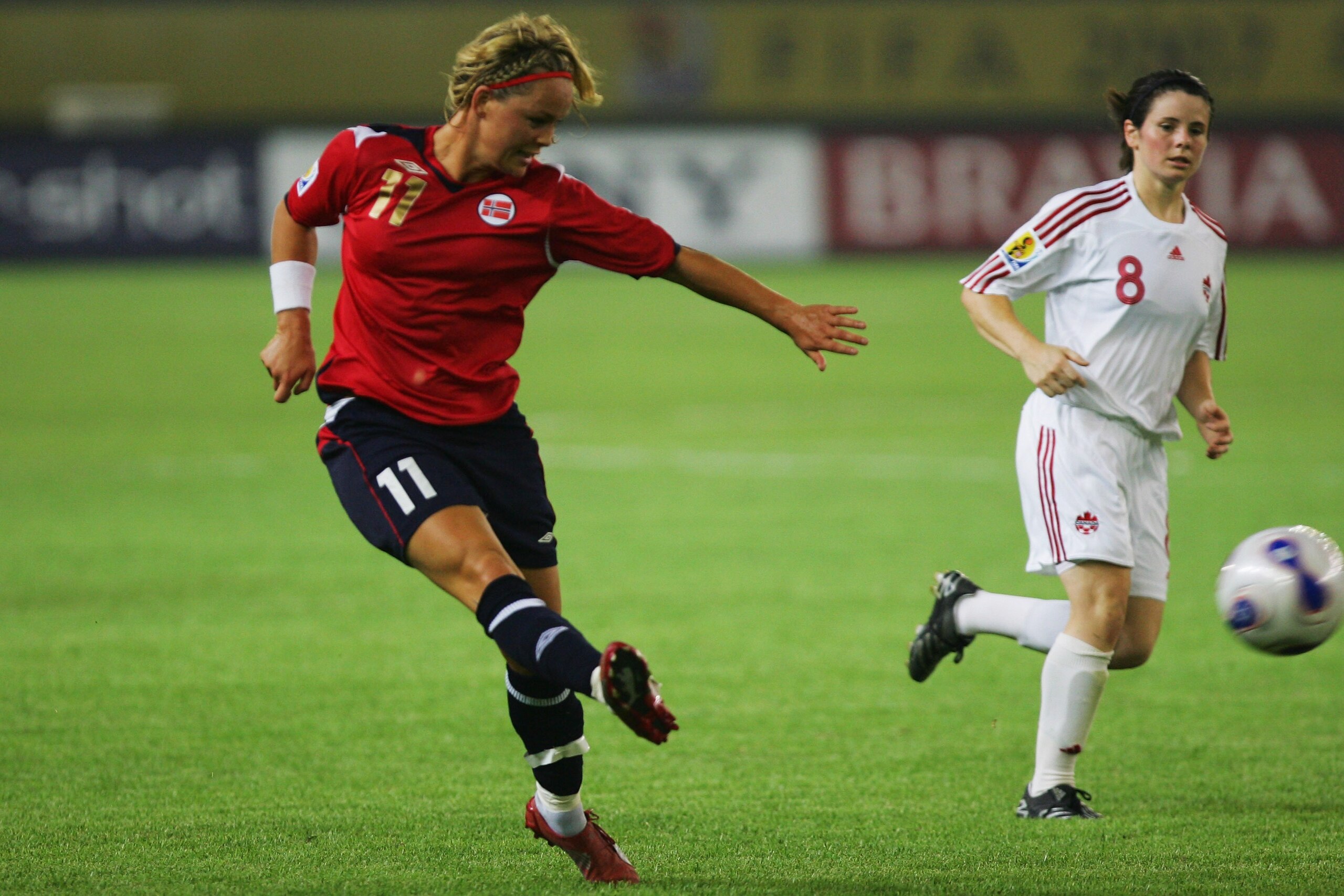 HANGZHOU, CHINA - SEPTEMBER 12:  Leni Larsen Kaurin of Norway fires in a shot  during the FIFA Women's World Cup 2007 Group C match between Norway and Canada at Hangzhou Dragon Stadium on September 12, 2007 in Hangzhou, Zhejiang province of China. (Photo