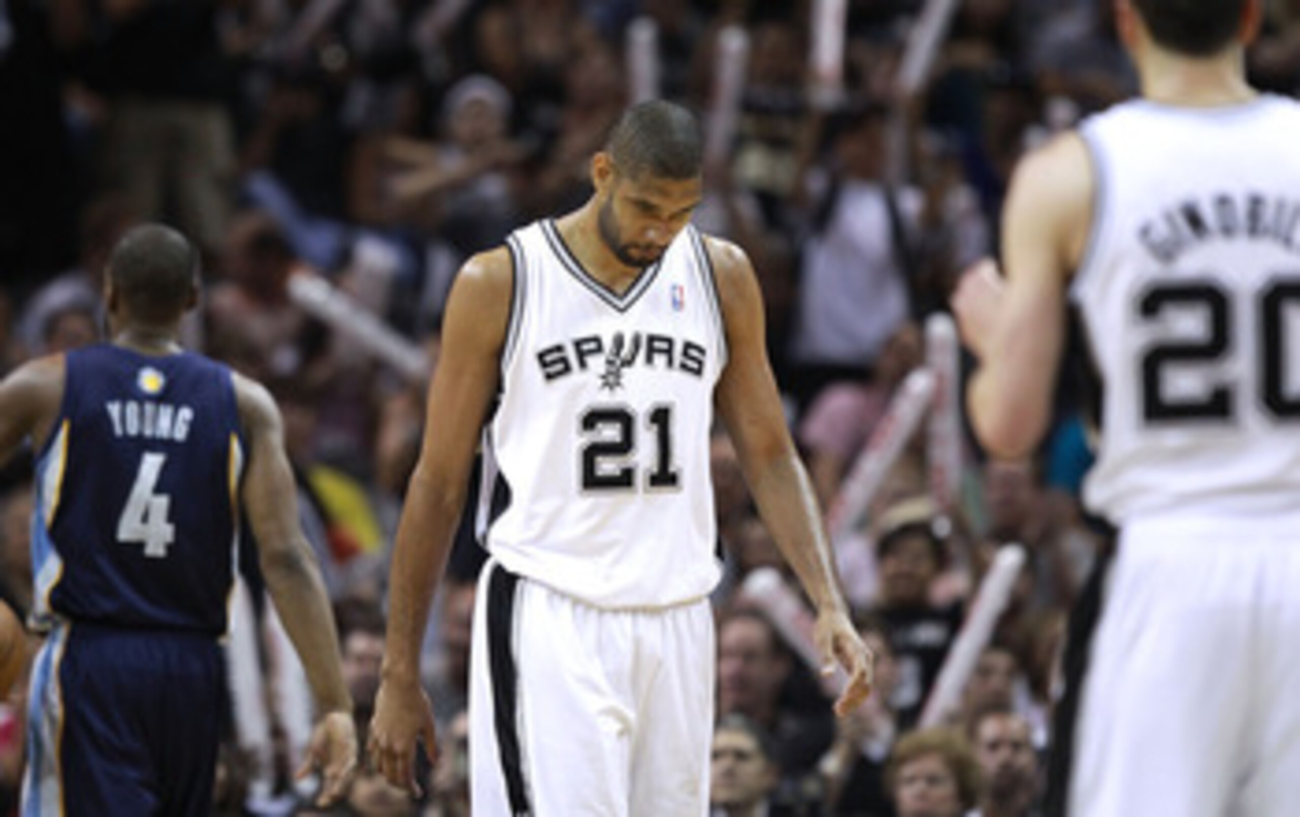 SAN ANTONIO, TX - APRIL 27:  Tim Duncan #21 of the San Antionio Spurs looks on against the Memphis Grizzlies in Game Five of the Western Conference Quarterfinals in the 2011 NBA Playoffs on April 27, 2011 at AT&T Center in San Antonio, Texas. NOTE TO USER