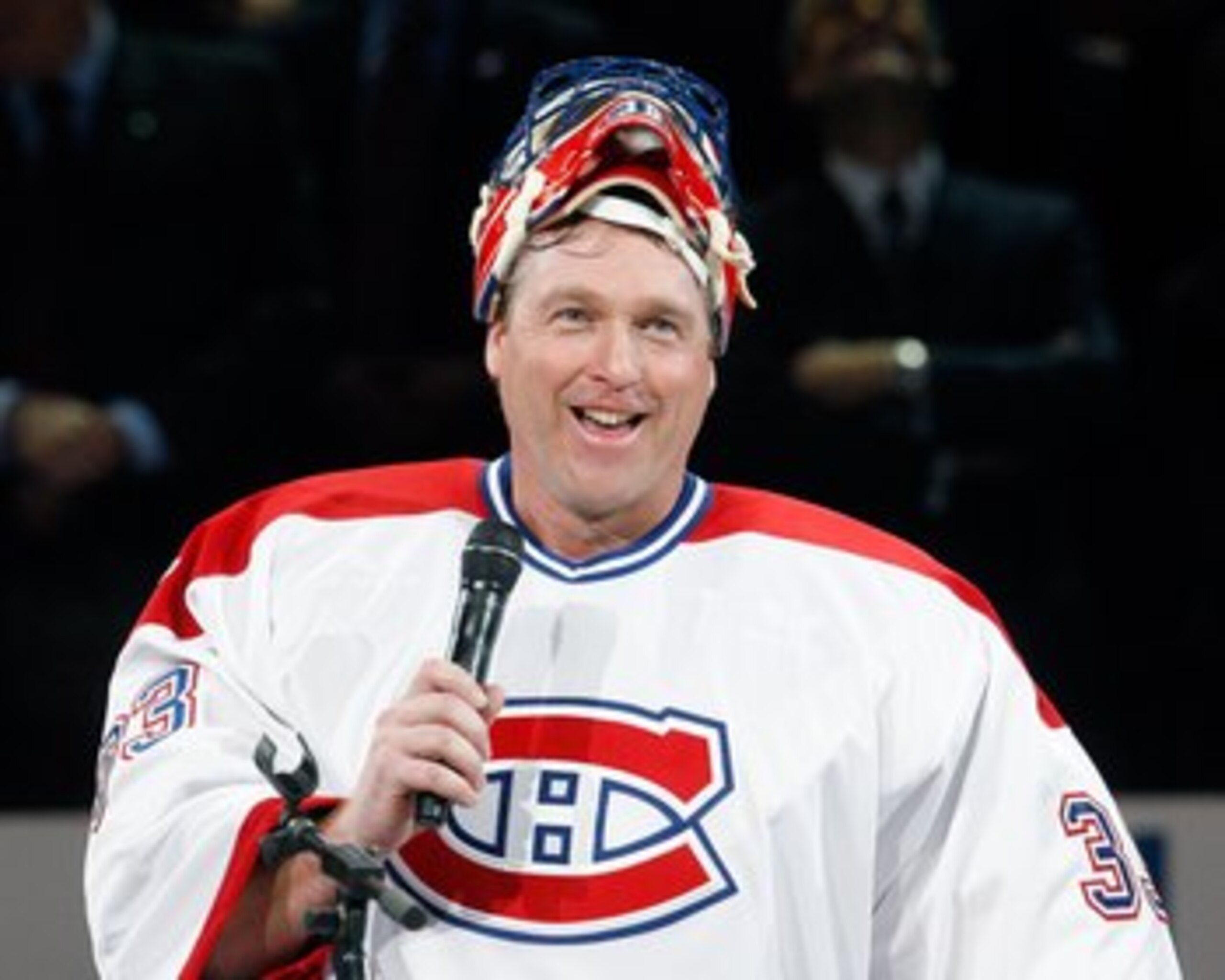 MONTREAL- DECEMBER 4:  Former Montreal Canadien Patrick Roy speaks to fans during the Centennial Celebration ceremonies prior to the NHL game between the Montreal Canadiens and Boston Bruins on December 4, 2009 at the Bell Centre in Montreal, Quebec, Cana