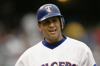 ARLINGTON, TEXAS - JULY 30:  Shortstop Alex Rodriguez  #3 of the Texas Rangers complains as he walks back to the dugout after getting called out on strikes against the Boston Red Sox in the first inning of the American League game at the Ballpark in Arlin