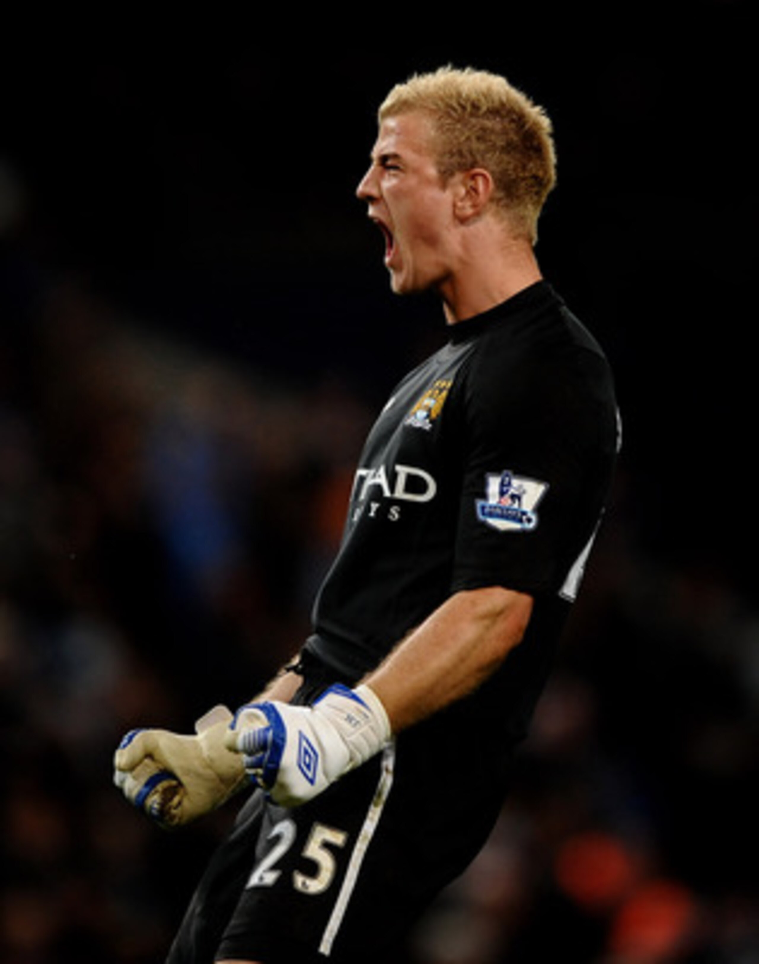 MANCHESTER, ENGLAND - MAY 10:  Joe Hart of Manchester City celebrates at the end of the Barclays Premier League match between Manchester City and Tottenham Hotspur at the City of Manchester Stadium on May 10, 2011 in Manchester, England.  (Photo by Lauren