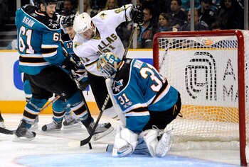 SAN JOSE, CA - MARCH 5: Brad Richards #91of the Dallas Stars can't get his rebound shot by Antti Niemi #31 of the San Jose Sharks in the third period during an NHL hockey game at the HP Pavilion on March 5, 2011 in San Jose, California. The Stars won the
