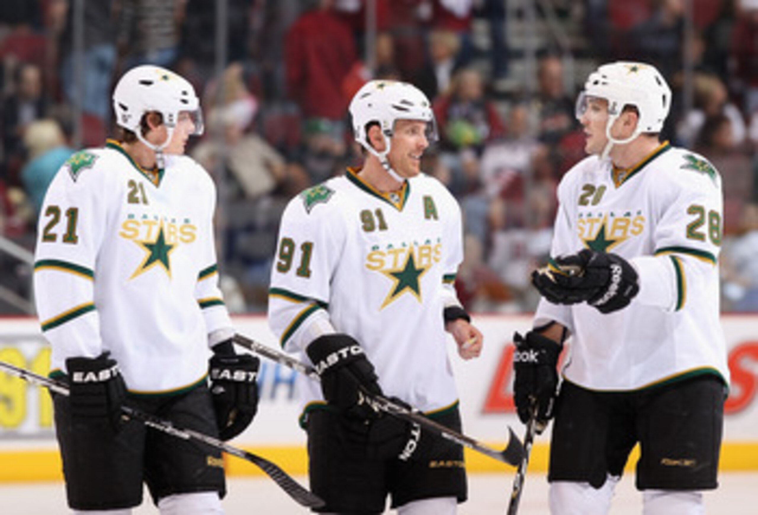 GLENDALE, AZ - MARCH 29:  (L-R) Loui Eriksson #21, Brad Richards #91 and Mark Fistric #28 of the Dallas Stars during the NHL game against the Phoenix Coyotes at Jobing.com Arena on March 29, 2011 in Glendale, Arizona. The Coyotes defeated the Stars 2-1 in