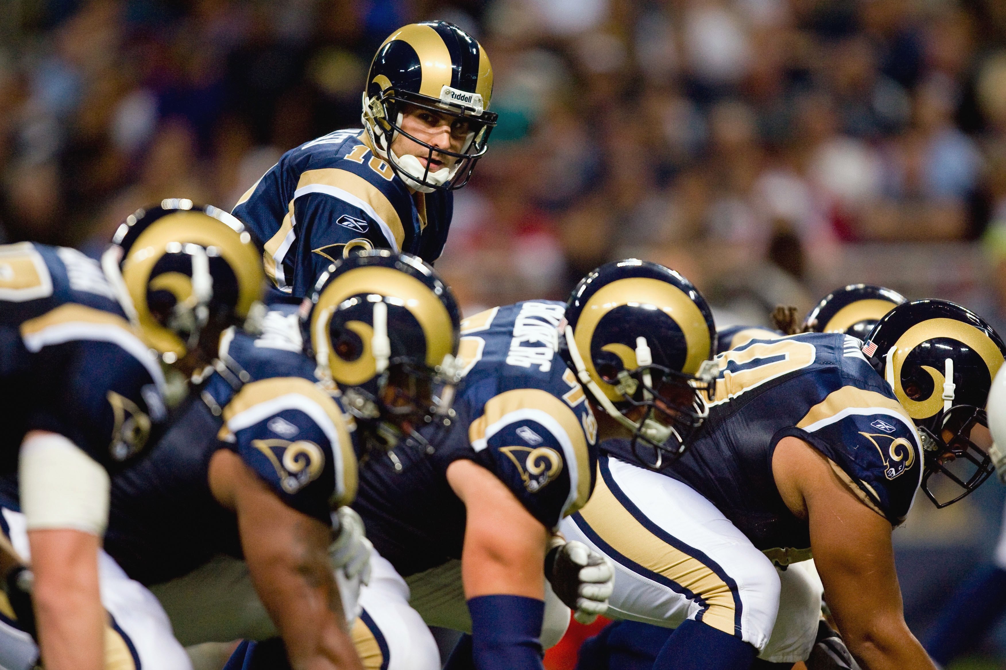 ST. LOUIS - NOVEMBER 22: Quarterback Marc Bulger #10 of the St. Louis Rams calls the play at the line against the Arizona Cardinals at the Edward Jones Dome on November 22, 2009 in St. Louis, Missouri. The Cardinals beat the Rams 21-13. (Photo by Dilip V ST. LOUIS - NOVEMBER 22: Quarterback Marc Bulger #10 of the St. Louis Rams calls the play at the line against the Arizona Cardinals at the Edward Jones Dome on November 22, 2009 in St. Louis, Missouri. The Cardinals beat the Rams 21-13. (Photo by Dilip V