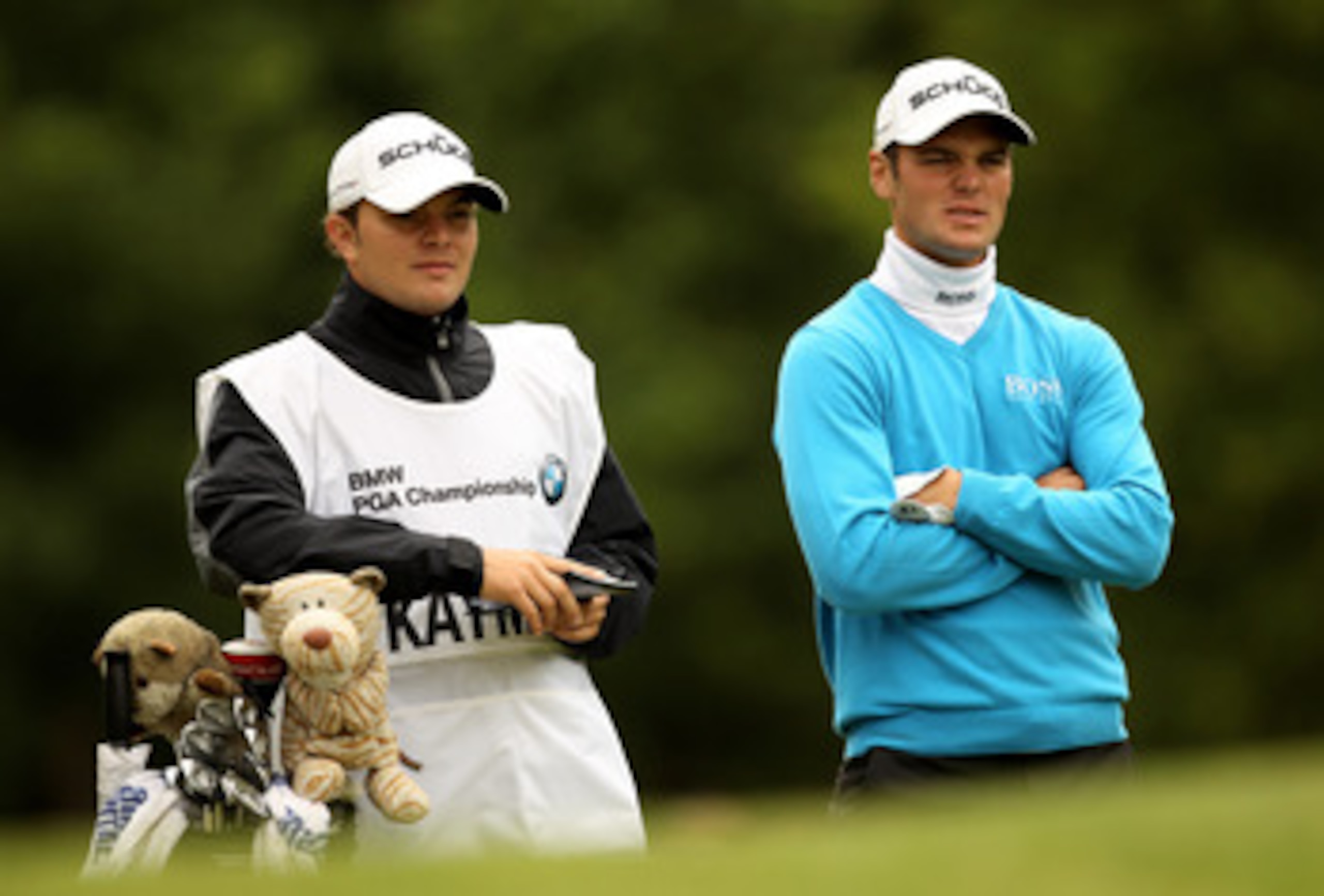 VIRGINIA WATER, ENGLAND - MAY 28:  Martin Kaymer of Germany waits with his caddie on the 6th hole during the third round of the BMW PGA Championship at the Wentworth Club on May 28, 2011 in Virginia Water, England.  (Photo by Ian Walton/Getty Images)