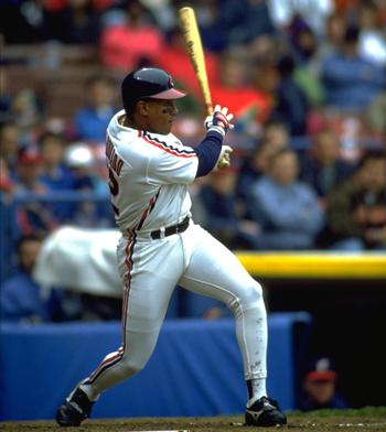 CLEVELAND INDIANS INFIELDER CANDY MALDONADO MAKES CONTACT WITH A PITCH DURING THE INDIANS GAME AT INDIANS PARK IN CLEVELAND, OHIO
