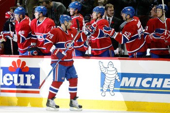 MONTREAL - NOVEMBER 9:  Andrei Markov #79 of the Montreal Canadiens celebrates his first-period goal during the NHL game against the Vancouver Canucks at the Bell Centre on November 9, 2010 in Montreal, Quebec, Canada.  (Photo by Richard Wolowicz/Getty Im