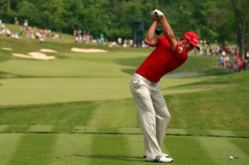 DUBLIN, OH - JUNE 04:  Dustin Johnson hits his tee shot on the 14th hole during the third round of the Memorial Tournament presented by Nationwide Insurance at the Muirfield Village Golf Club on June 4, 2011 in Dublin, Ohio.  (Photo by Scott Halleran/Gett