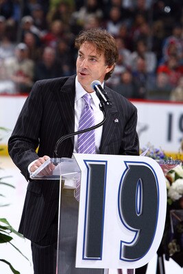 DENVER - OCTOBER 1: Joe Sakic addresses the crowd as his number is retired by the Colorado Avalanche and hoisted to the rafters in a pregame ceremony at the Pepsi Center on October 1, 2009 in Denver, Colorado. NOTE TO USER: User expressly acknowledges and