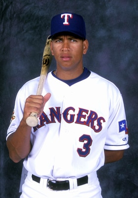 Texas Rangers  shortstop Alex Rodriguez  poses for his first official photo after signing the biggest conract in baseball, spring training, March 2001, Port Charlotte, Florida. (Photo by A. Messerschmidt/Getty Images)