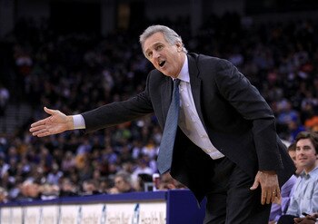 OAKLAND, CA - JANUARY 21:  Head coach Paul Westphal of the Sacramento Kings argues a call during their game against the Golden State Warriors at Oracle Arena on January 21, 2011 in Oakland, California. NOTE TO USER: User expressly acknowledges and agrees