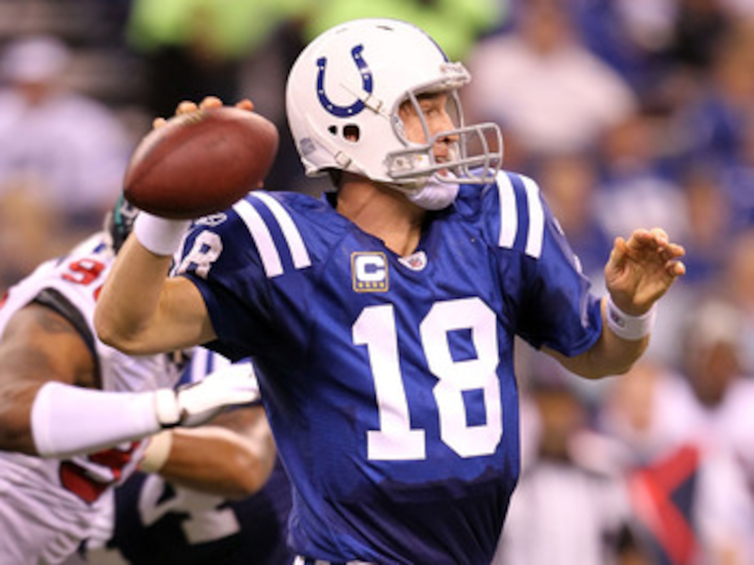 INDIANAPOLIS - NOVEMBER 01: Peyton Manning #18 of Indianapolis Colts throws a pass during the NFL game against the Houston Texans at Lucas Oil Stadium on November 1, 2010 in Indianapolis, Indiana. (Photo by Andy Lyons/Getty Images) INDIANAPOLIS - NOVEMBER 01: Peyton Manning #18 of Indianapolis Colts throws a pass during the NFL game against the Houston Texans at Lucas Oil Stadium on November 1, 2010 in Indianapolis, Indiana. (Photo by Andy Lyons/Getty Images)