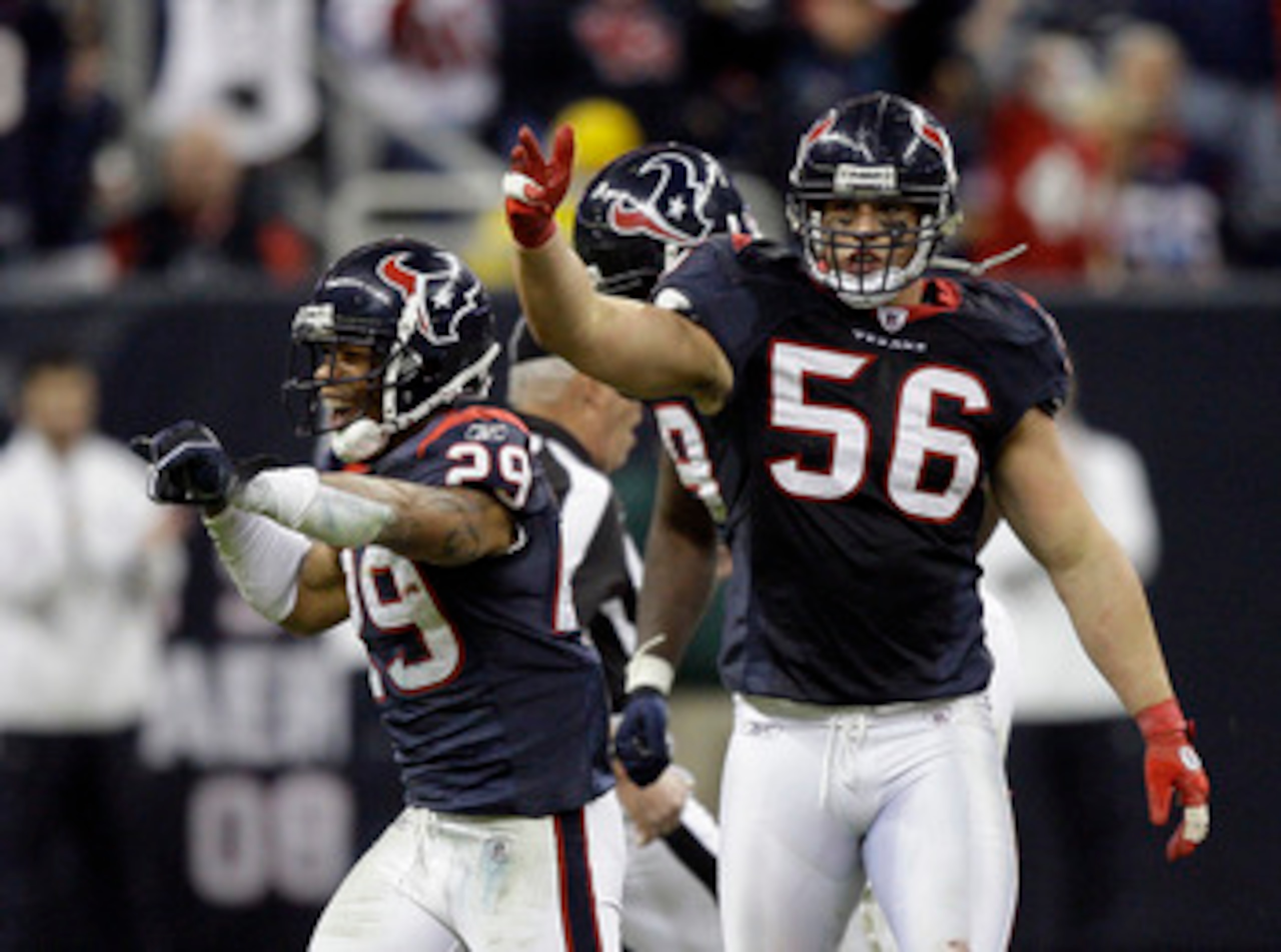 HOUSTON - JANUARY 02: Glover Quin #29 of the Houston Texans and Brian Cushing #56 celebrate after recovering a fumble late in the fourth quarter against the Jacksonville Jaguars at Reliant Stadium on January 2, 2011 in Houston, Texas. (Photo by Bob Lev HOUSTON - JANUARY 02: Glover Quin #29 of the Houston Texans and Brian Cushing #56 celebrate after recovering a fumble late in the fourth quarter against the Jacksonville Jaguars at Reliant Stadium on January 2, 2011 in Houston, Texas. (Photo by Bob Lev