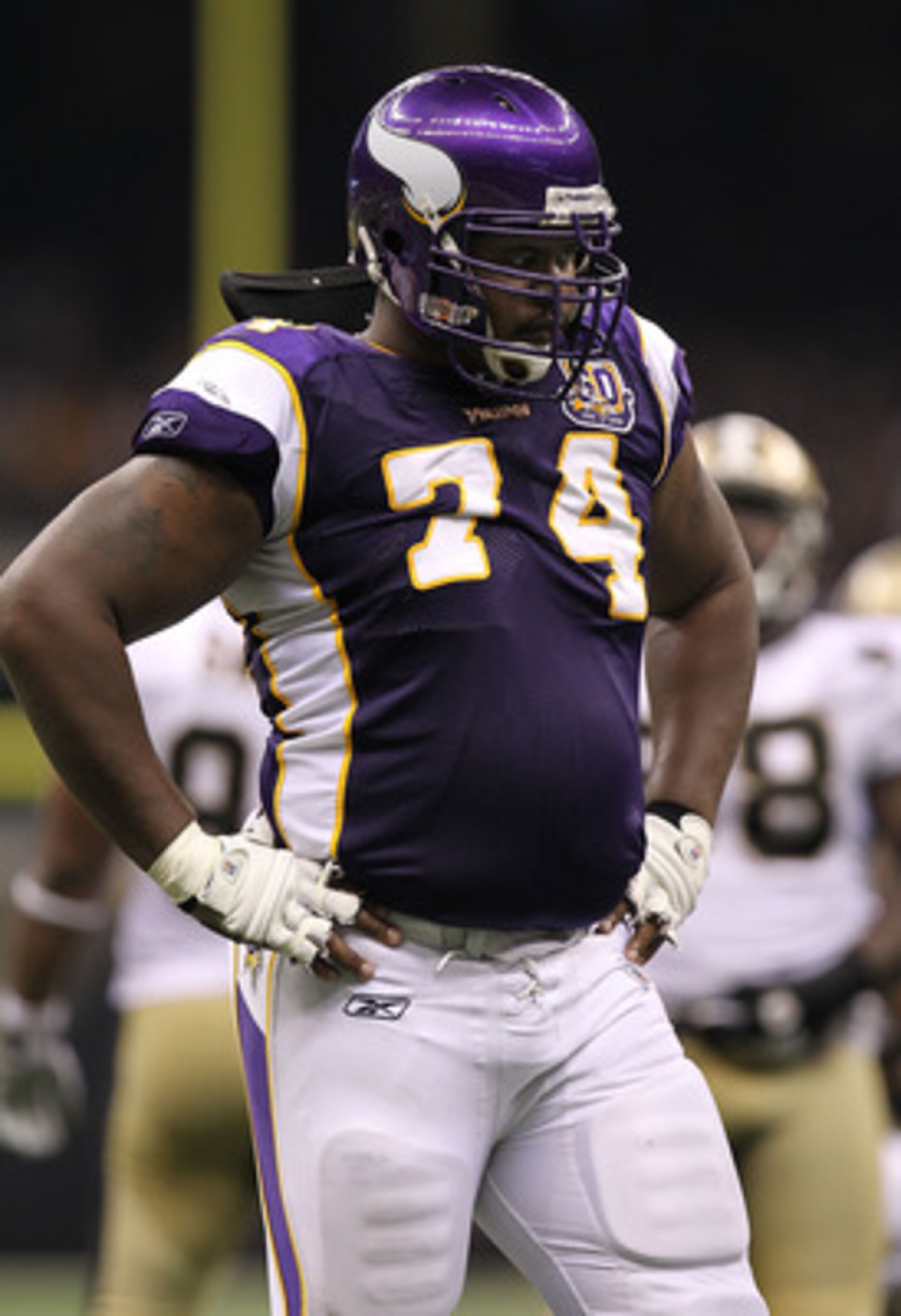 NEW ORLEANS - SEPTEMBER 09:  Bryant McKinnie #74 of the Minnesota Vikings at Louisiana Superdome on September 9, 2010 in New Orleans, Louisiana.  (Photo by Ronald Martinez/Getty Images)