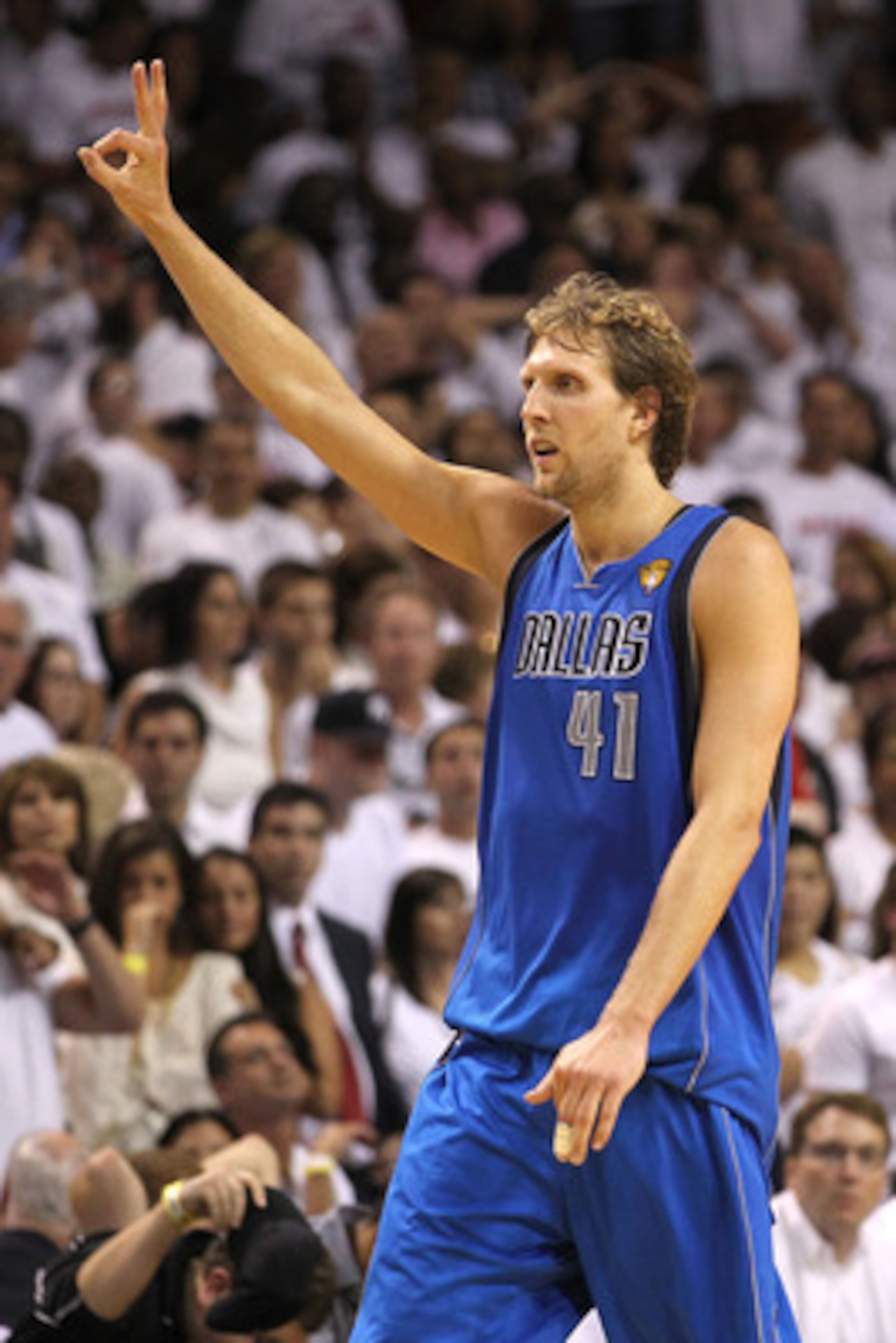 MIAMI, FL - JUNE 02:  Dirk Nowitzki #41 of the Dallas Mavericks celebrates after he made a 3-point shot in the final minute of the fourth quarter to put the Mavericks up 93-90 against the Miami Heat in Game Two of the 2011 NBA Finals at American Airlines