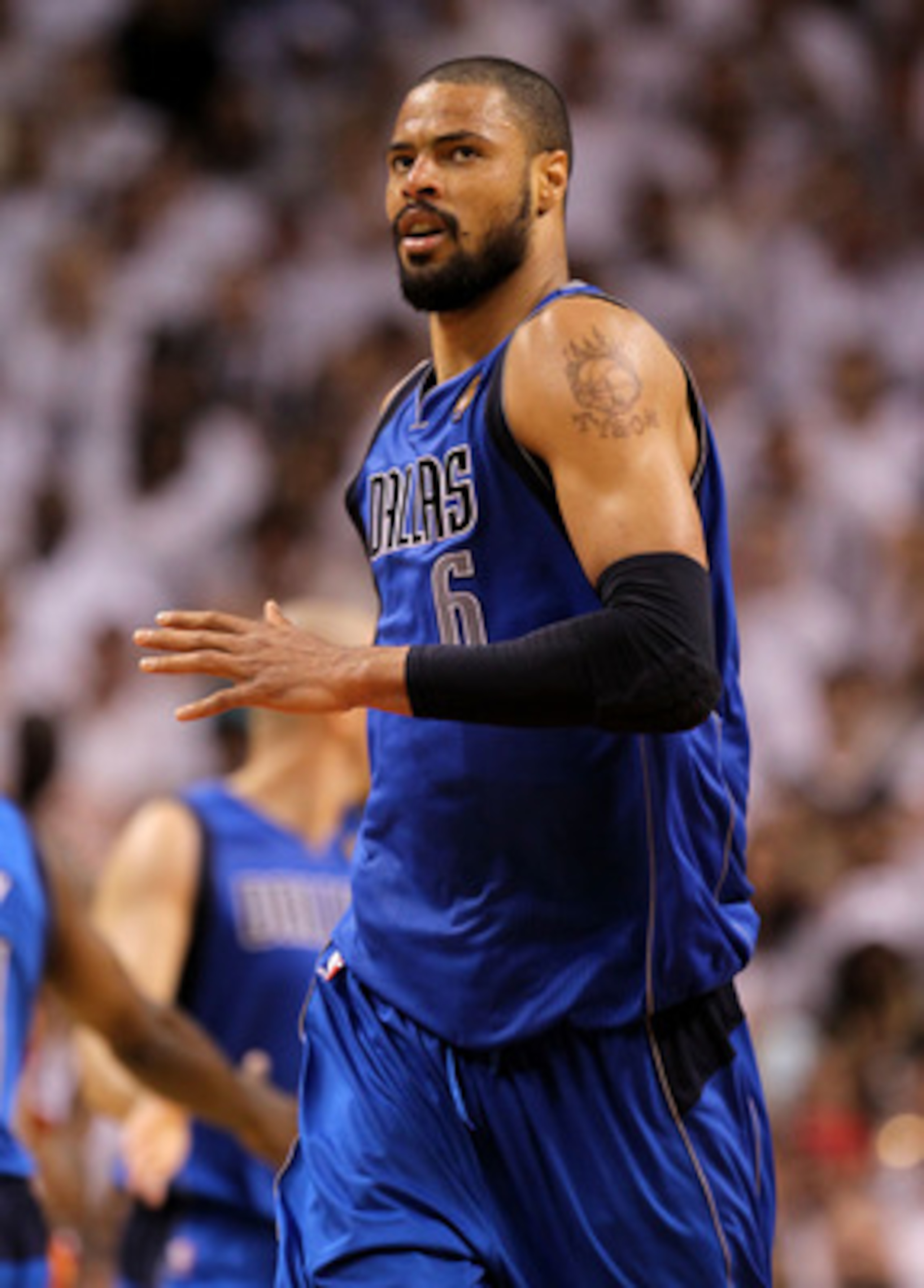 MIAMI, FL - JUNE 02:  Tyson Chandler #6 of the Dallas Mavericks reacts in the third quarter while taking on the Miami Heat in Game Two of the 2011 NBA Finals at American Airlines Arena on June 2, 2011 in Miami, Florida. NOTE TO USER: User expressly acknow