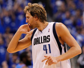 DALLAS, TX - MAY 25:  Dirk Nowitzki #41 of the Dallas Mavericks puts his finger in his mouth as he runs back down court in the second quarter while taking on the Oklahoma City Thunder in Game Five of the Western Conference Finals during the 2011 NBA Playo