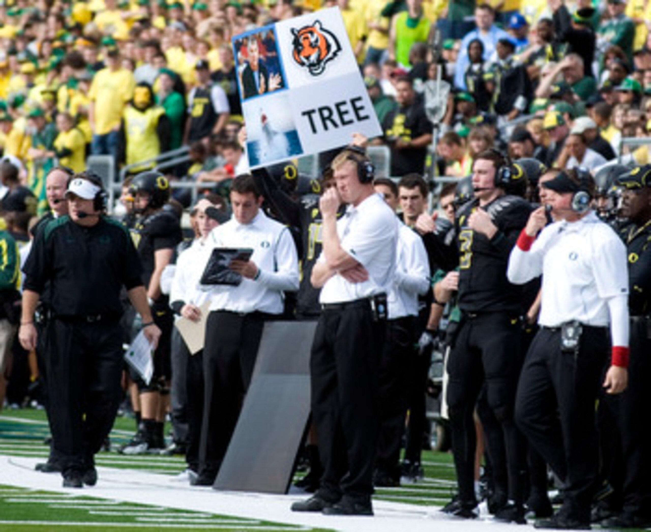 EUGENE, OR - NOVEMBER 6: Head coach Chip Kelly of the Oregon Ducks (far left) paces the sidelines as the offensive plays are signaled out to his team by use of a large signal board in the first quarter of the game against the Washington Huskies at Autzen 