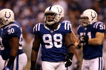 INDIANAPOLIS, IN - JANUARY 08:  Robert Mathis #98 of the Indianapolis Colts looks on against the New York Jets during their 2011 AFC wild card playoff game at Lucas Oil Stadium on January 8, 2011 in Indianapolis, Indiana. The Jets won 17-16. (Photo by Jon