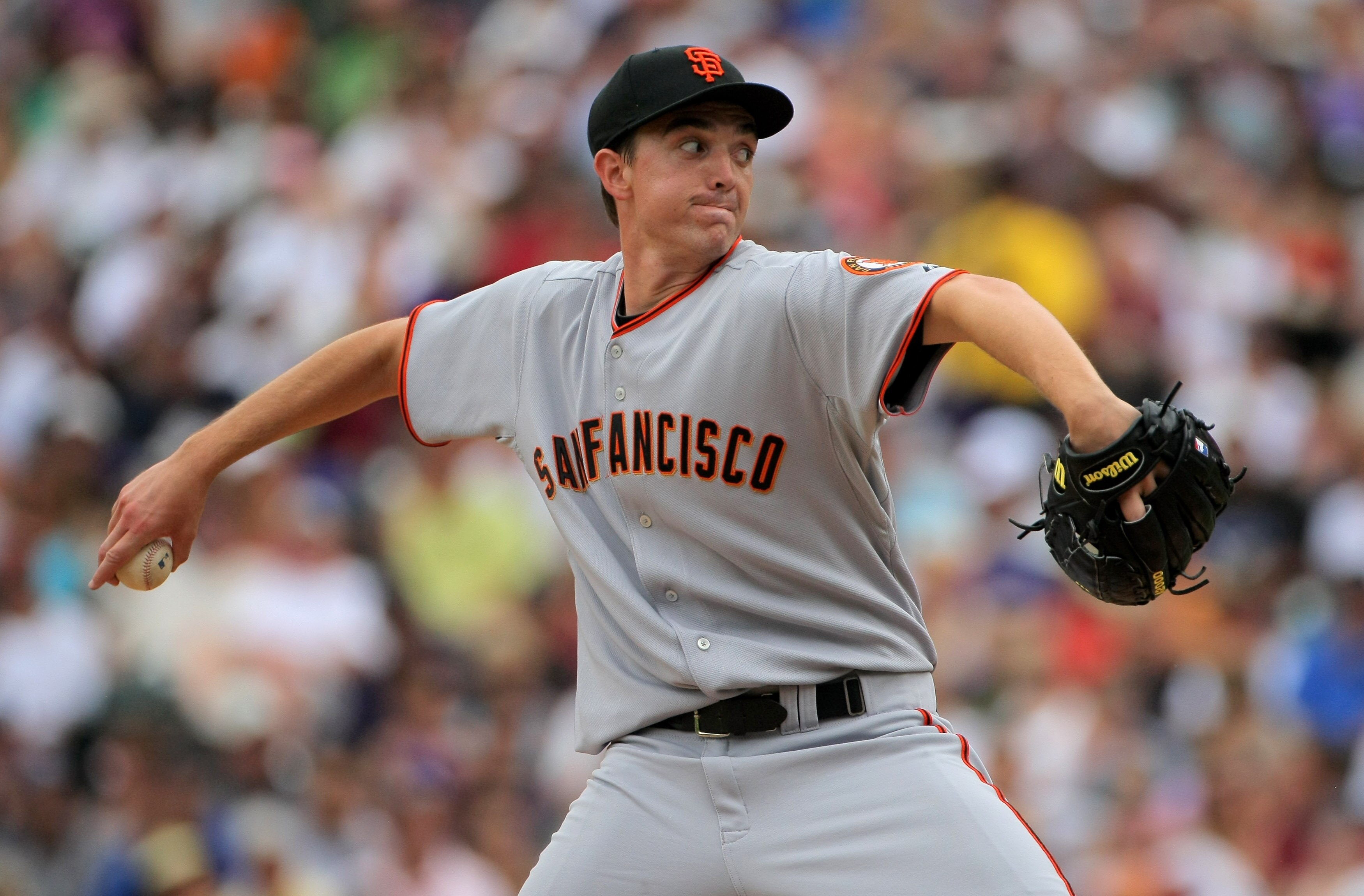 DENVER - JULY 26:  Starting pitcher Ryan Sadowski #56 of the San Francisco Giants delivers against the Colorado Rockies  at Coors Field on July 26, 2009 in Denver, Colorado. Sadowski pitcher 2 2/3 innings and gave up three runs.  (Photo by Doug Pensinger/