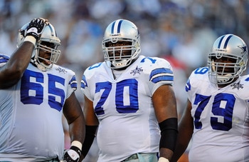 SAN DIEGO - AUGUST 21:  Andre Gurode #65, Leonard Davis #70 and Robert Brewster #79 of the Dallas Cowboys in action during the pre-season NFL football game against San Diego Chargers at Qualcomm Stadium on August 21, 2010 in San Diego, California.  (Photo