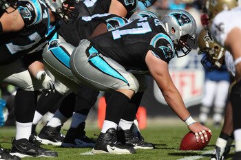 CHARLOTTE, NC - NOVEMBER 07:  Ryan Kalil #67 of the Carolina Panthers against the New Orleans Saints during their game at Bank of America Stadium on November 7, 2010 in Charlotte, North Carolina.  (Photo by Streeter Lecka/Getty Images)